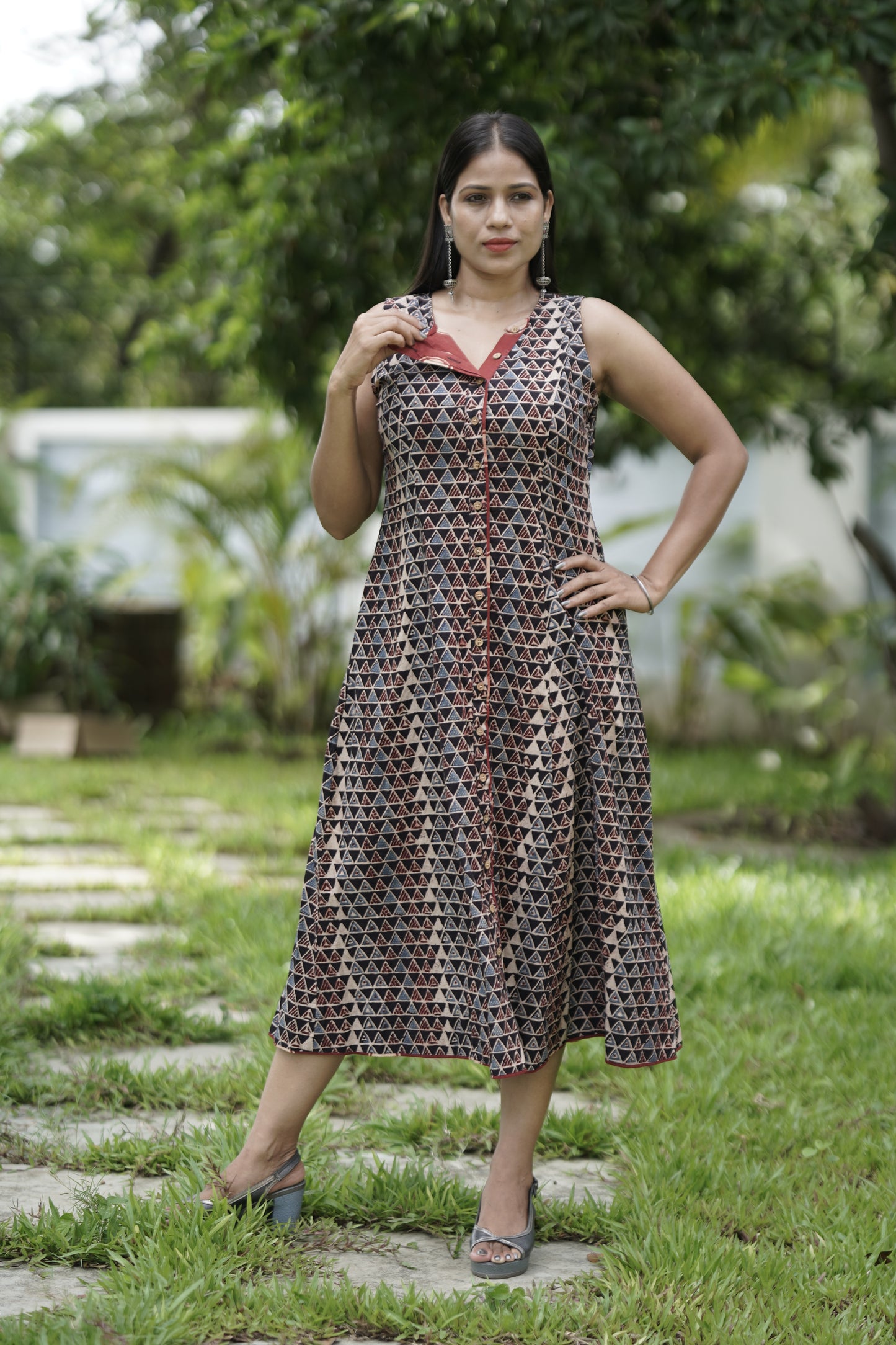 A-Line Flap Neck Maxi Dress.