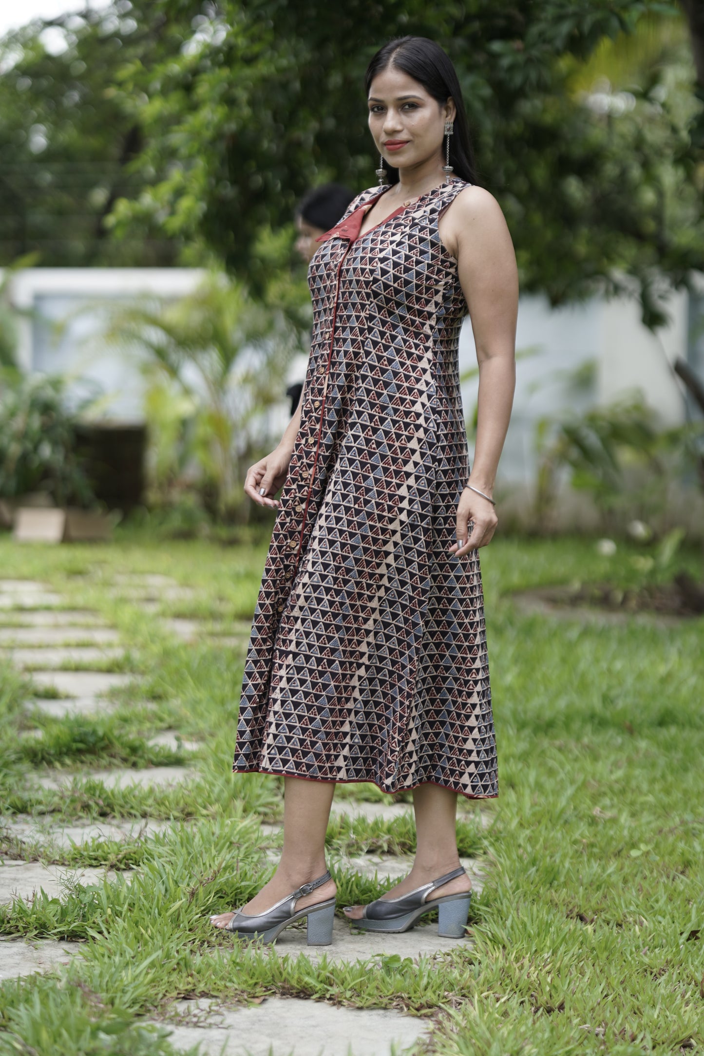 A-Line Flap Neck Maxi Dress.