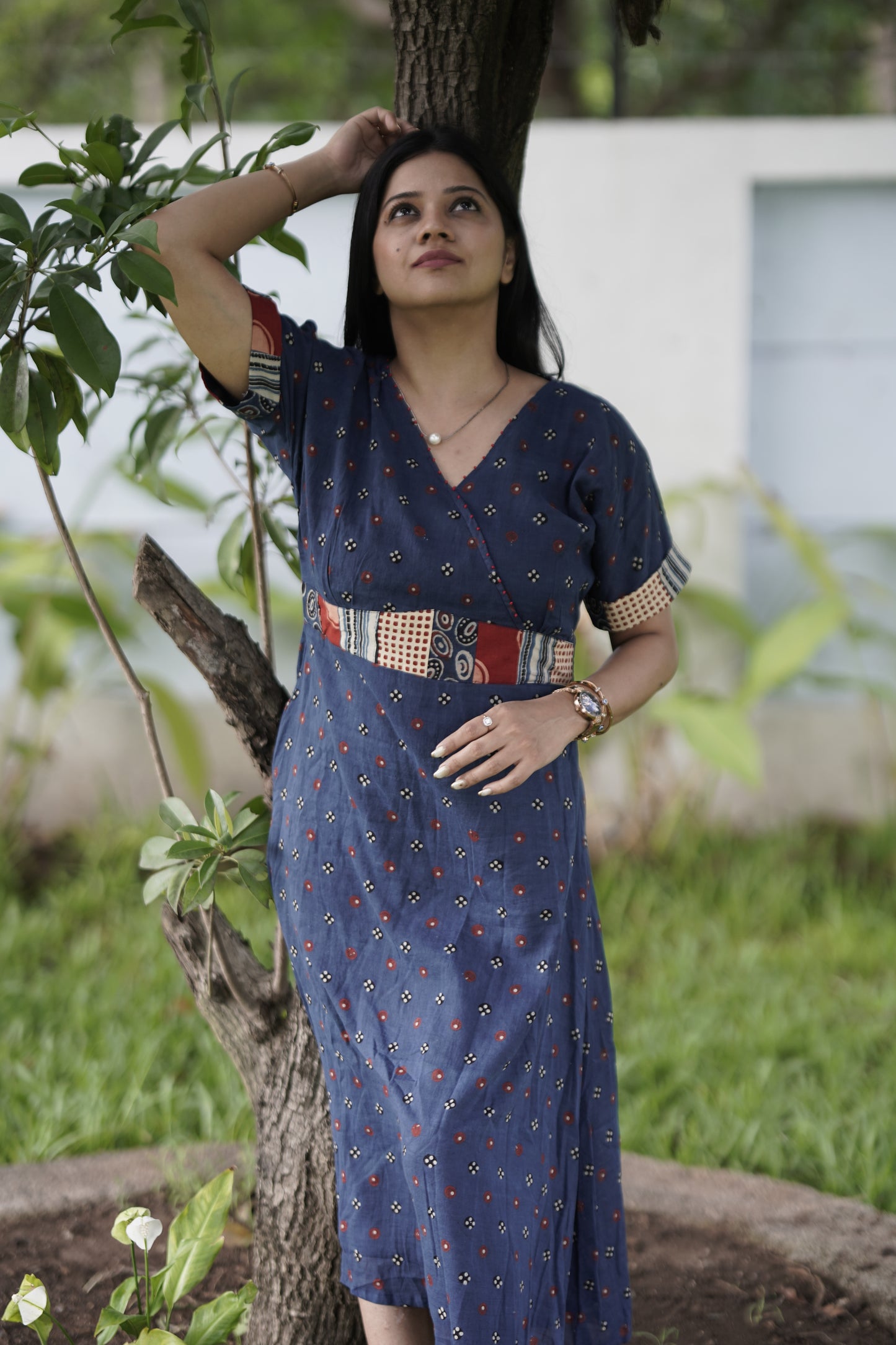 Indigo Patchwork Waist Cotton Midi Dress