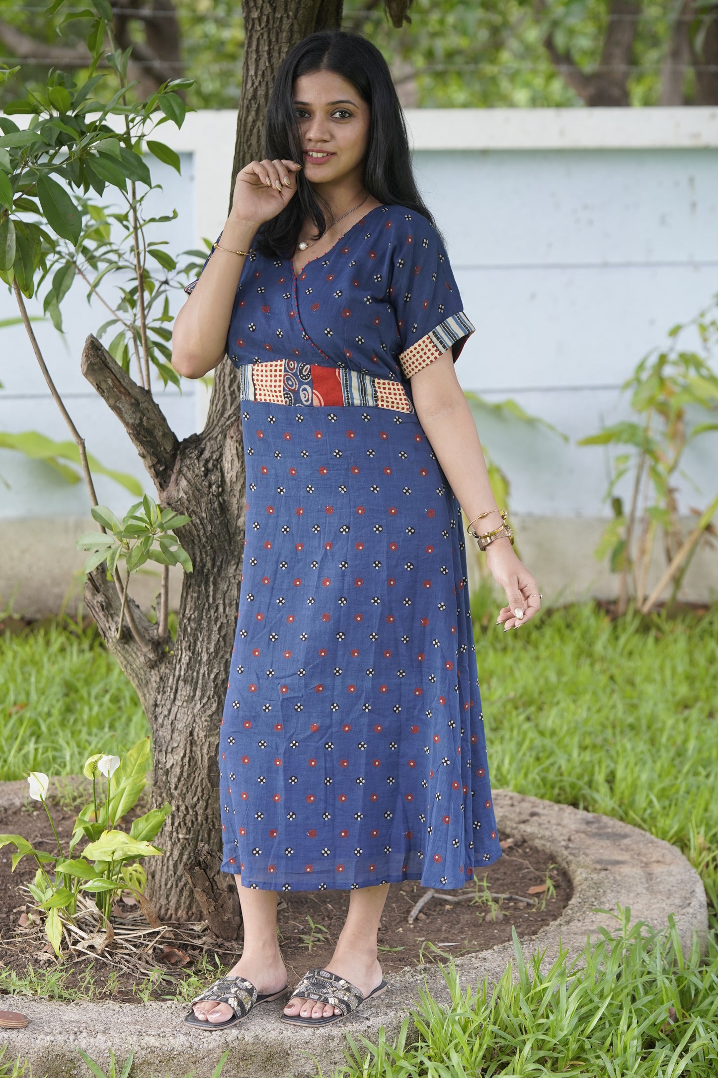 Indigo Patchwork Waist Cotton Midi Dress