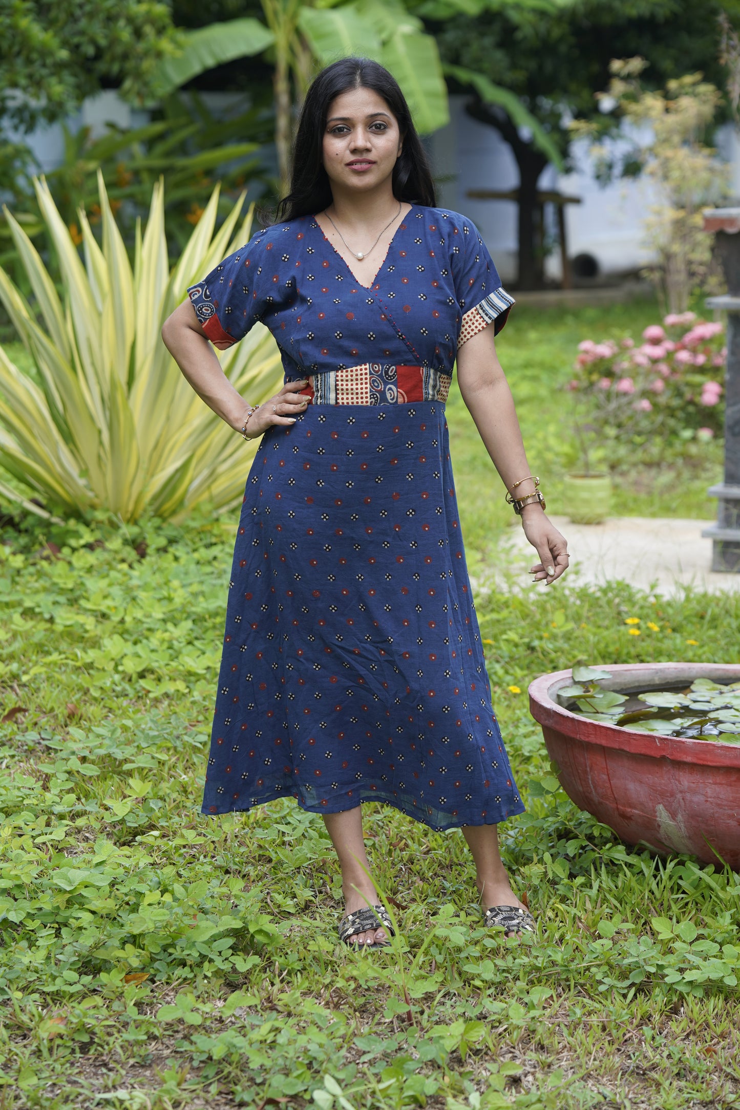 Indigo Patchwork Waist Cotton Midi Dress
