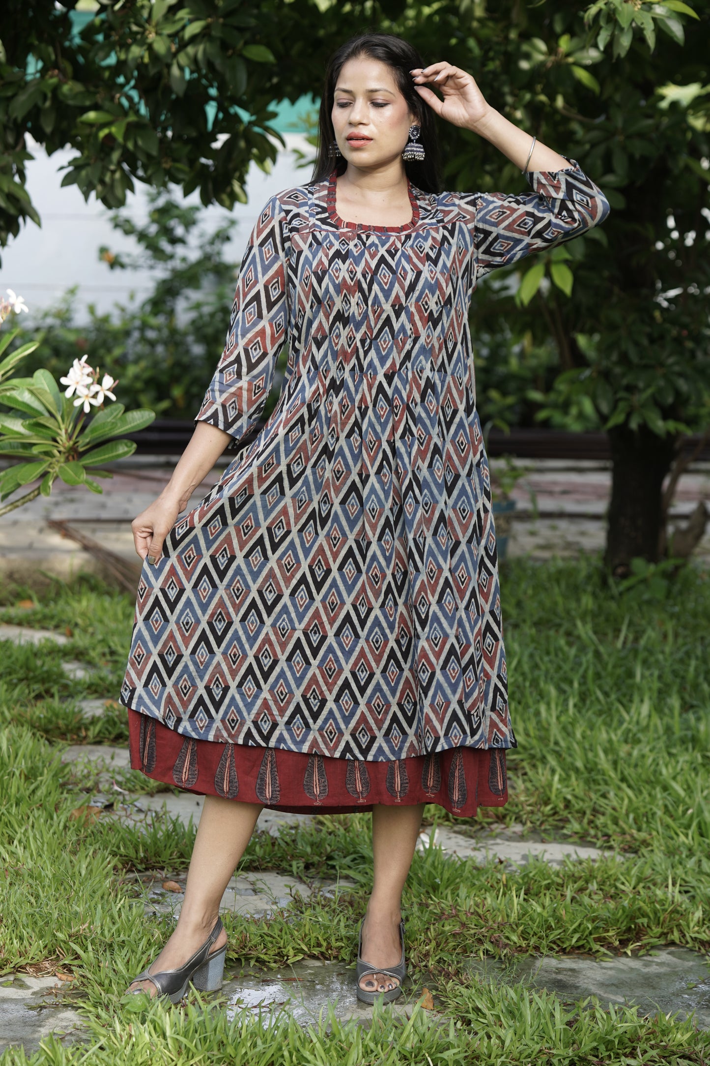 Ajrakh mulmul pintex dress- Blue