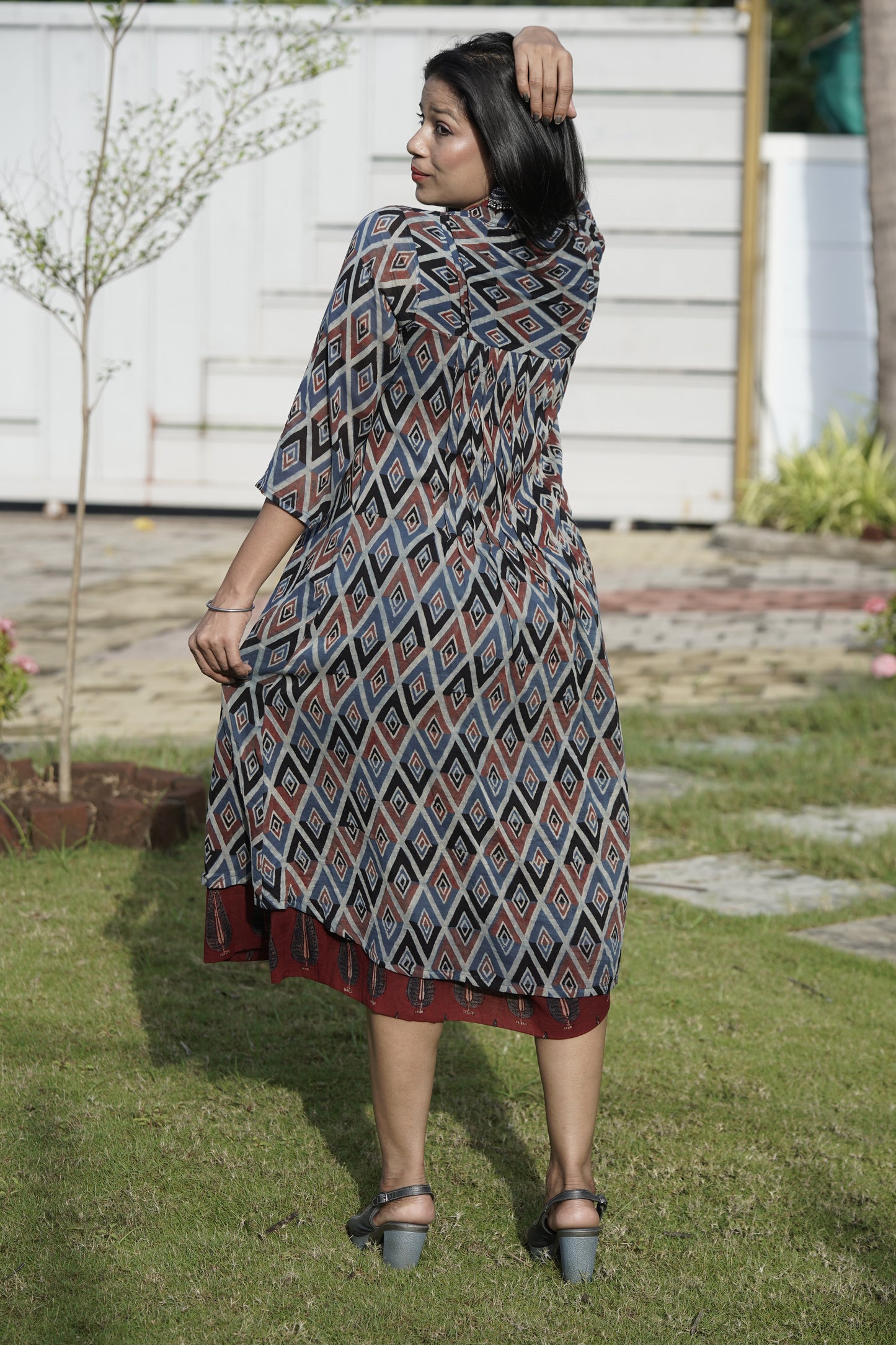 Ajrakh mulmul pintex dress- Blue