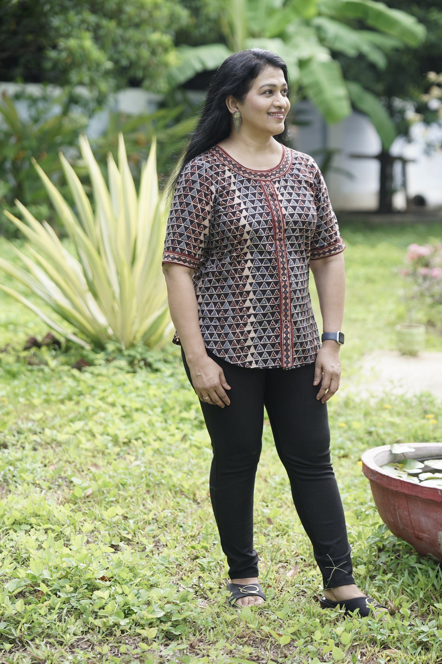 Tringale Print Cotton Button-Down Top