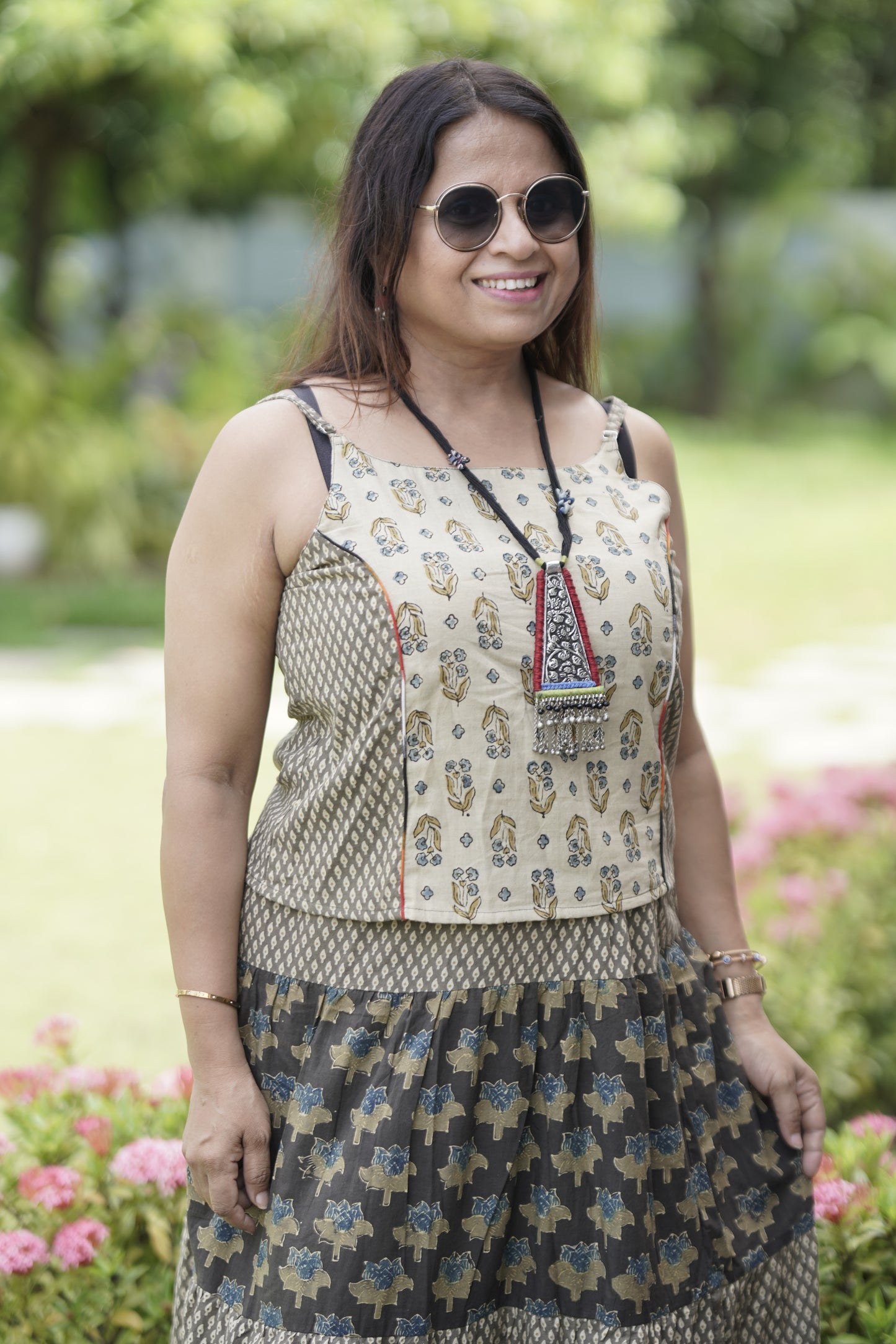 Earthy Toned Handblock Cotton Co-ord Set (Top + Flared Skirt)