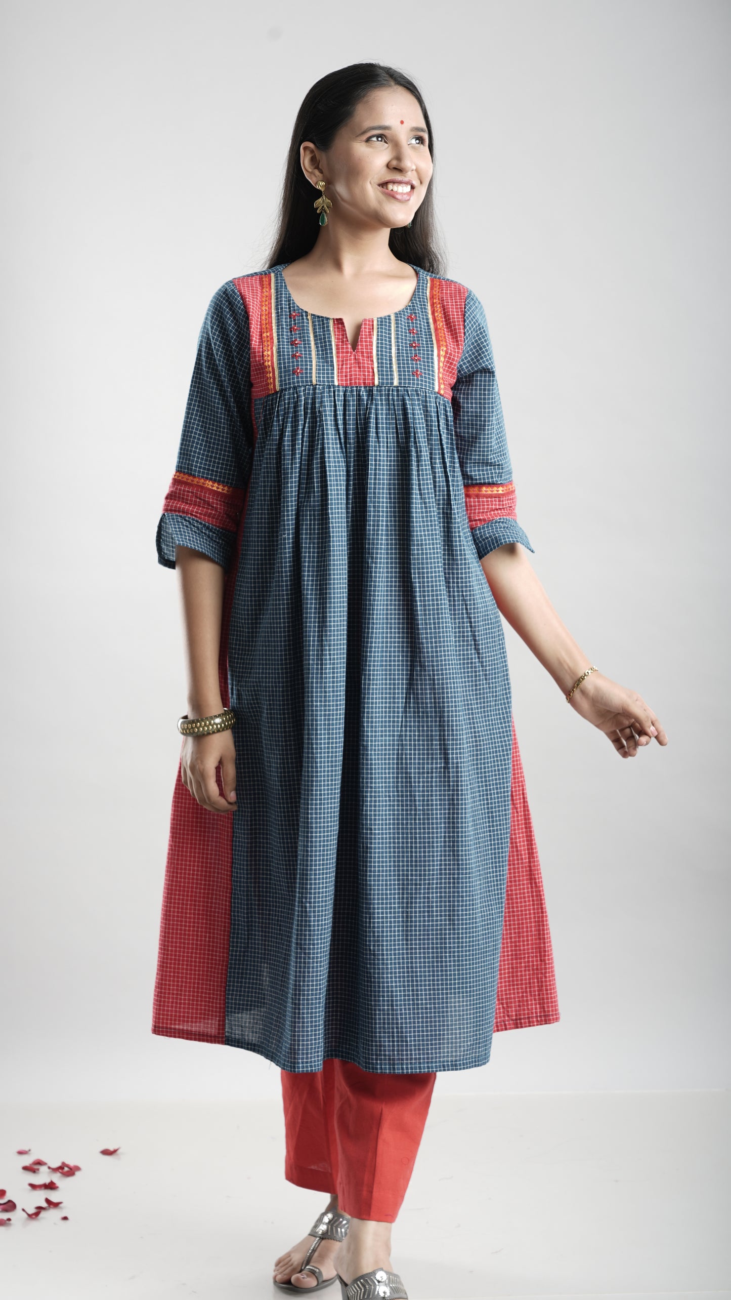 Cotton Gathered Kurta With Rust Red Pant Set