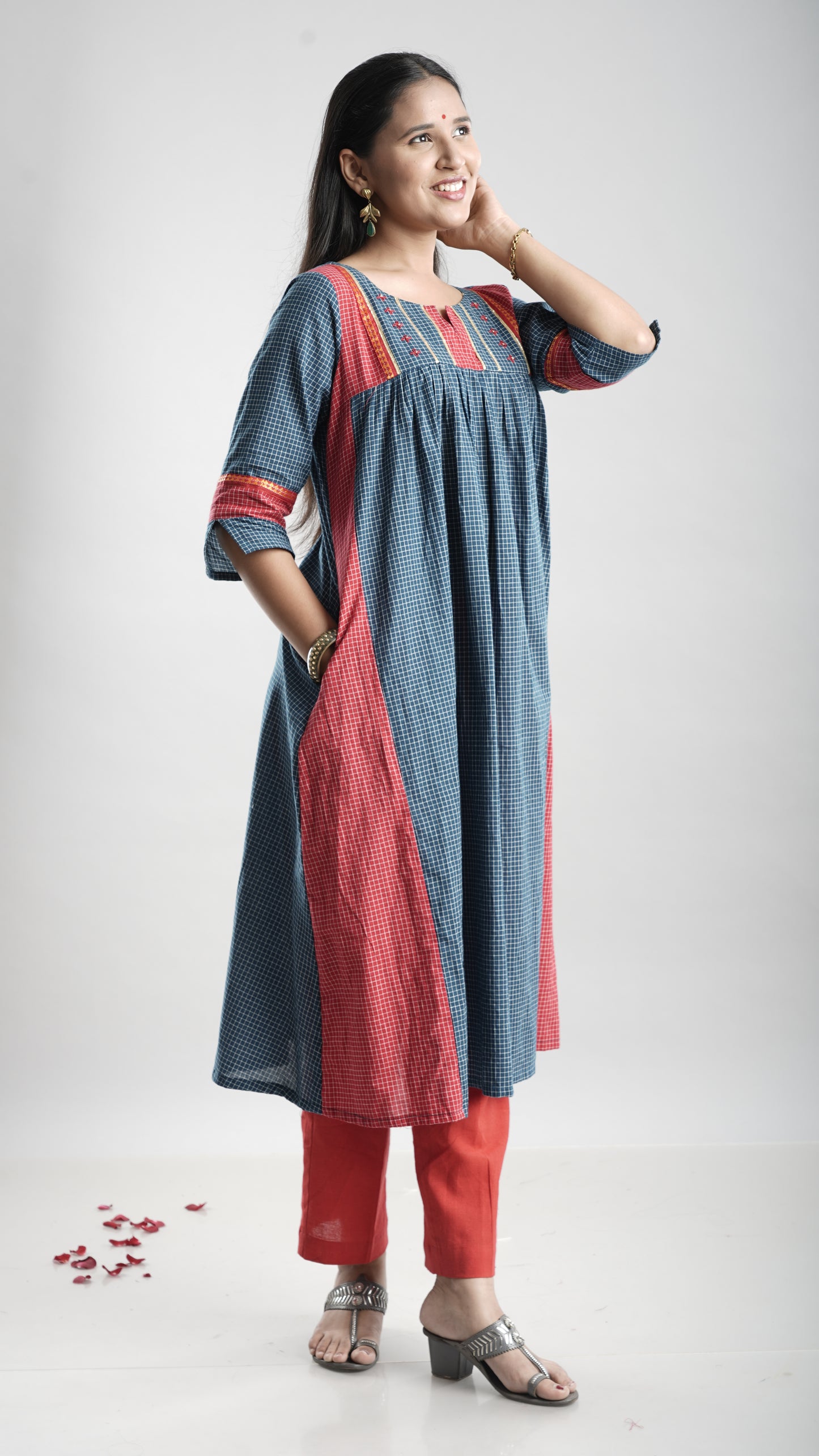 Cotton Gathered Kurta With Rust Red Pant Set