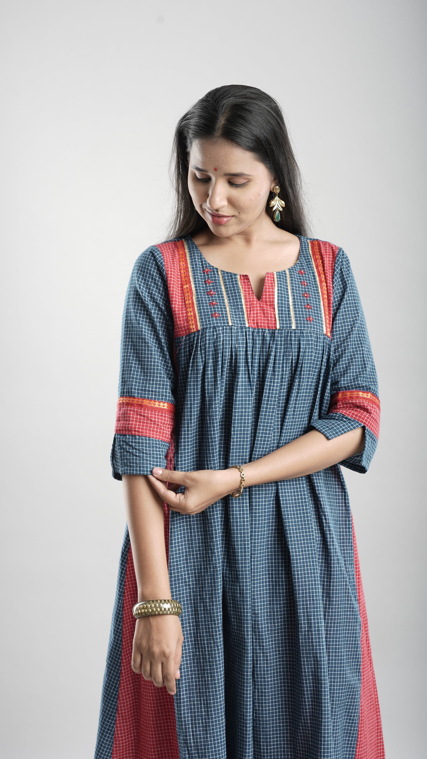 Cotton Gathered Kurta With Rust Red Pant Set