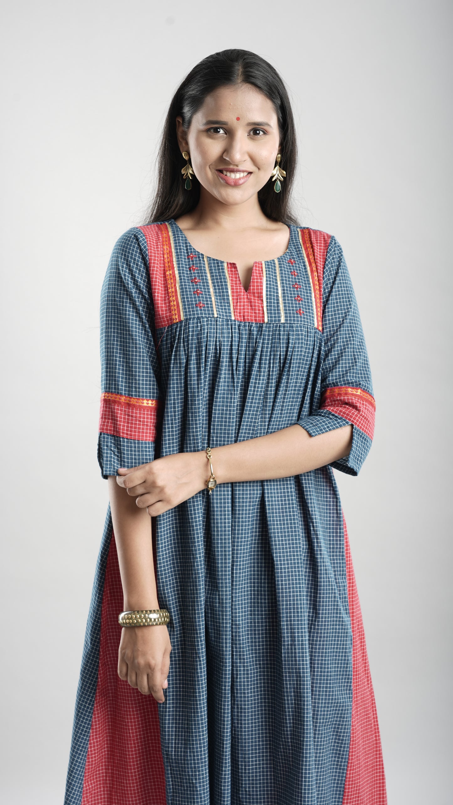 Cotton Gathered Kurta With Rust Red Pant Set