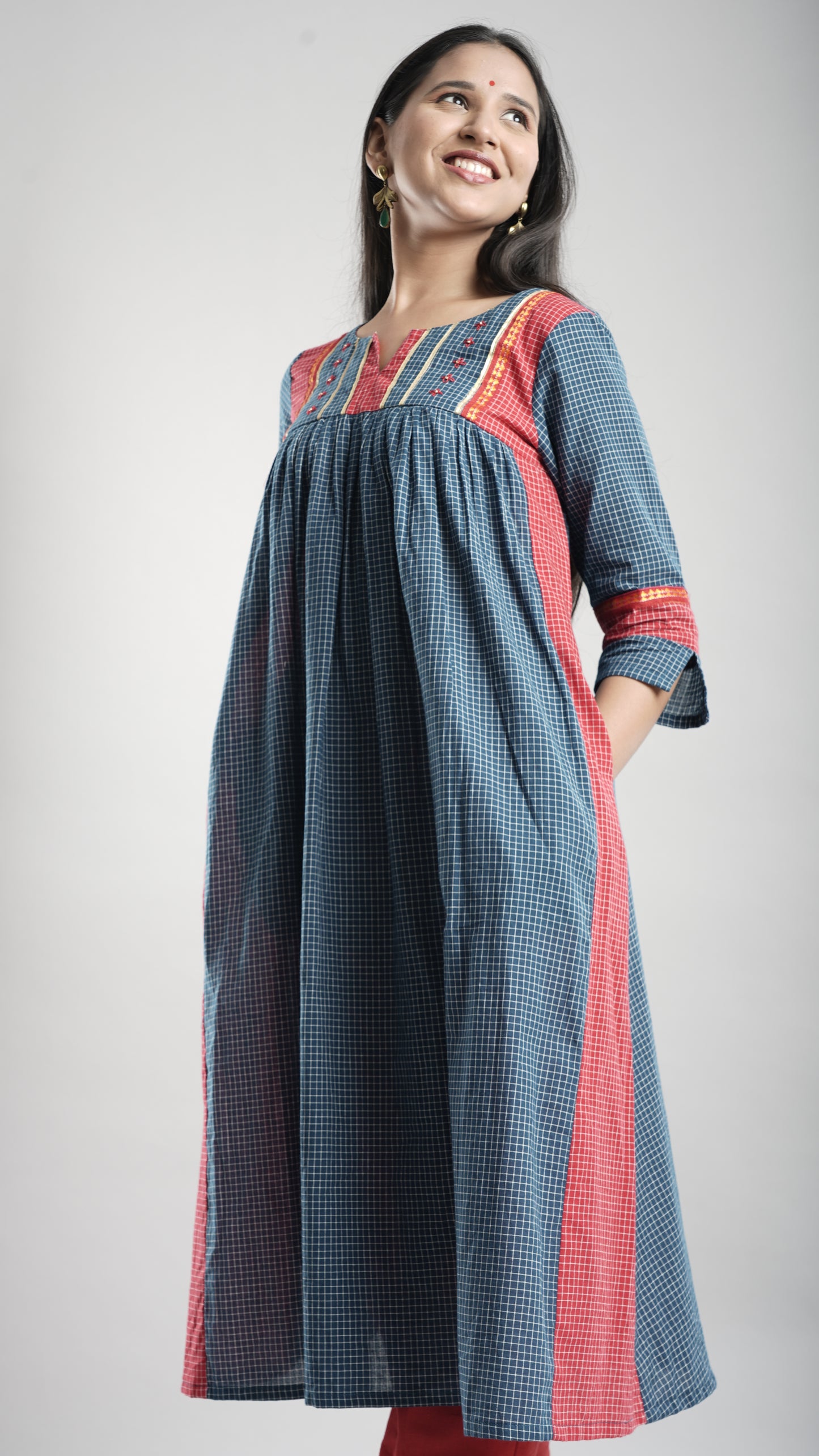 Cotton Gathered Kurta With Rust Red Pant Set