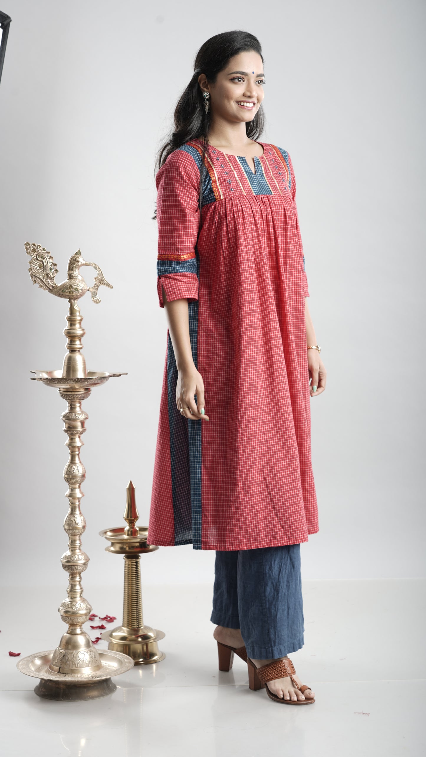 Cotton Gathered Kurta With Rust Red Pant Set
