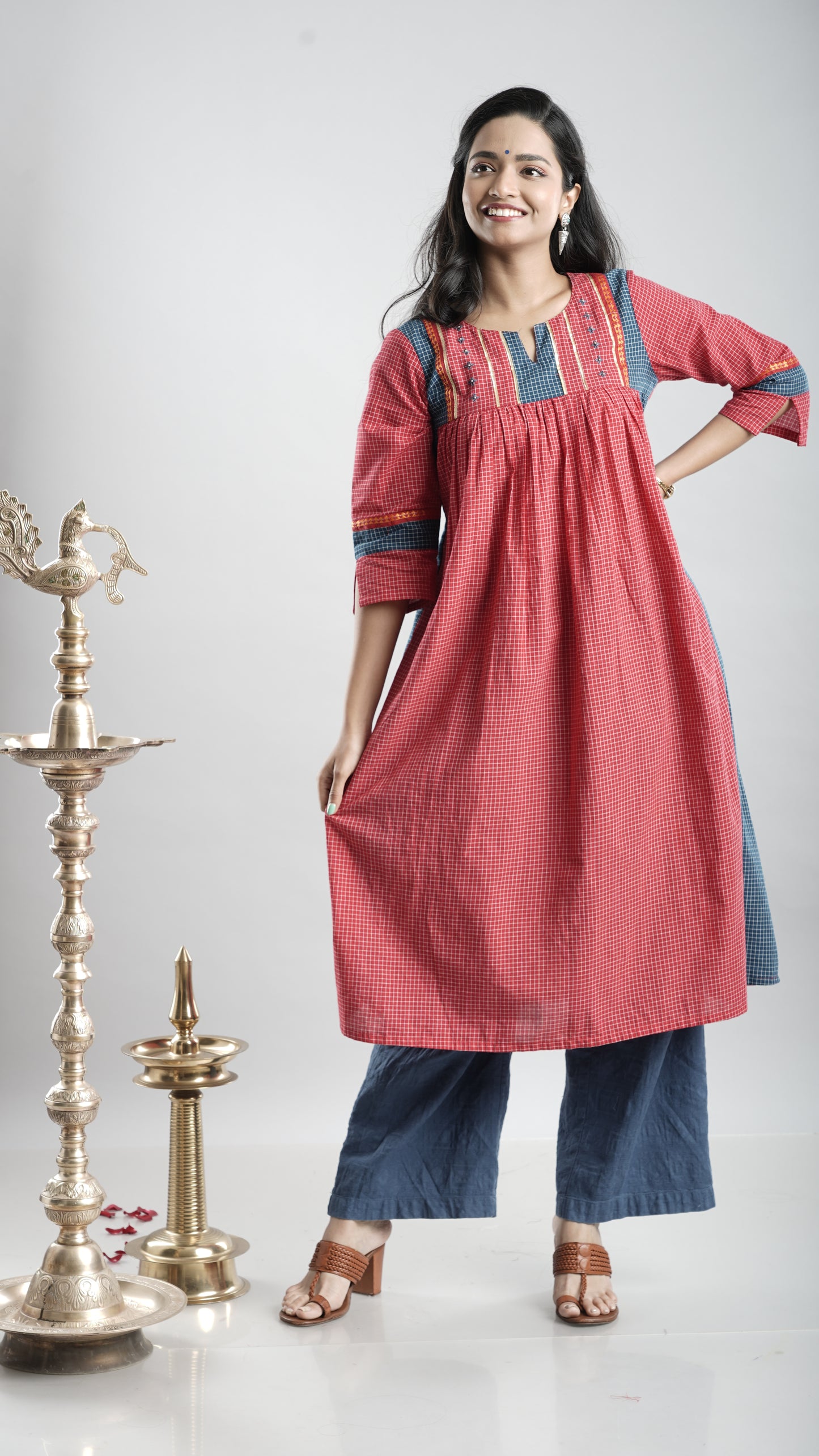 Cotton Gathered Kurta With Rust Red Pant Set