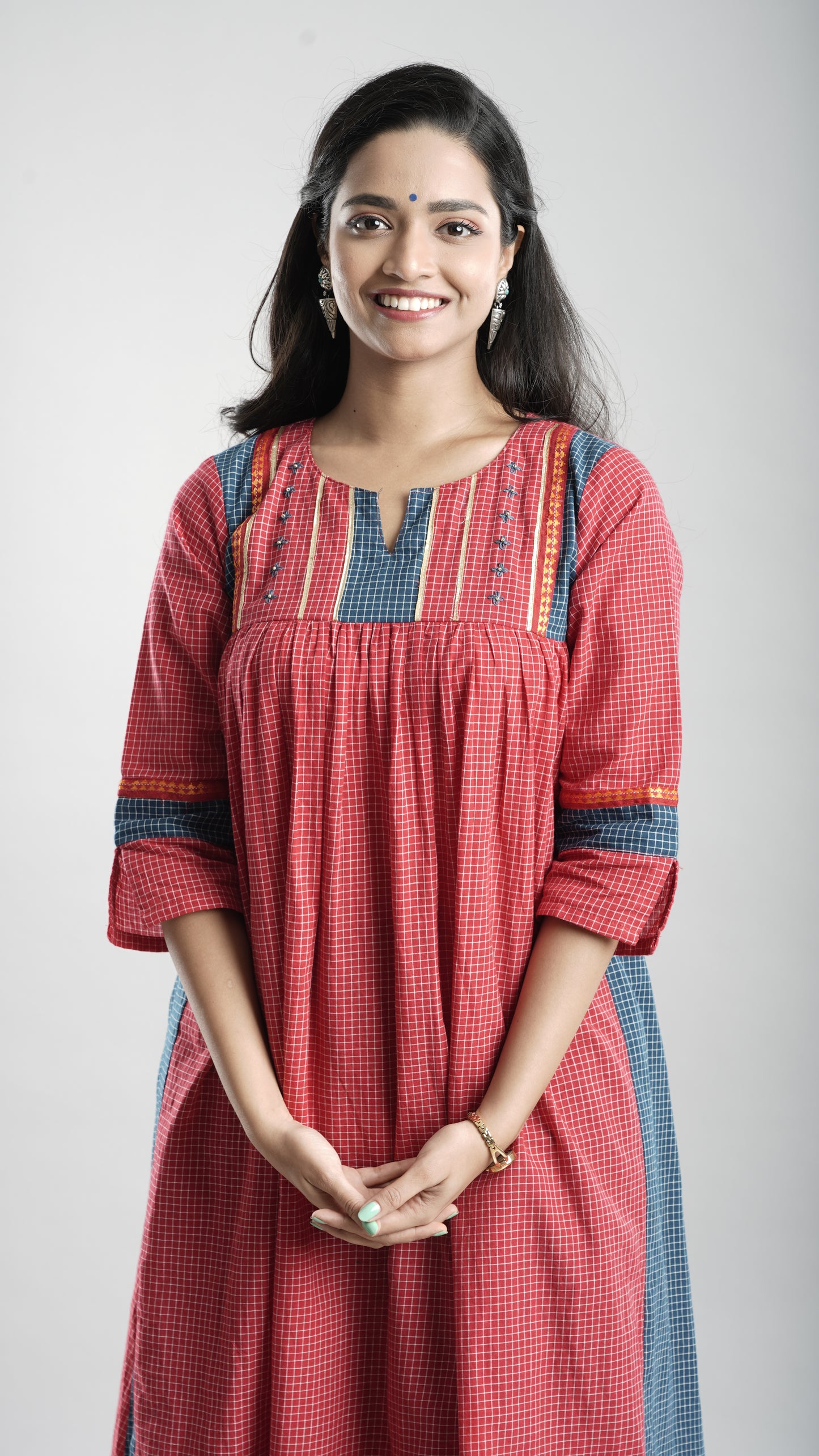 Cotton Gathered Kurta With Rust Red Pant Set