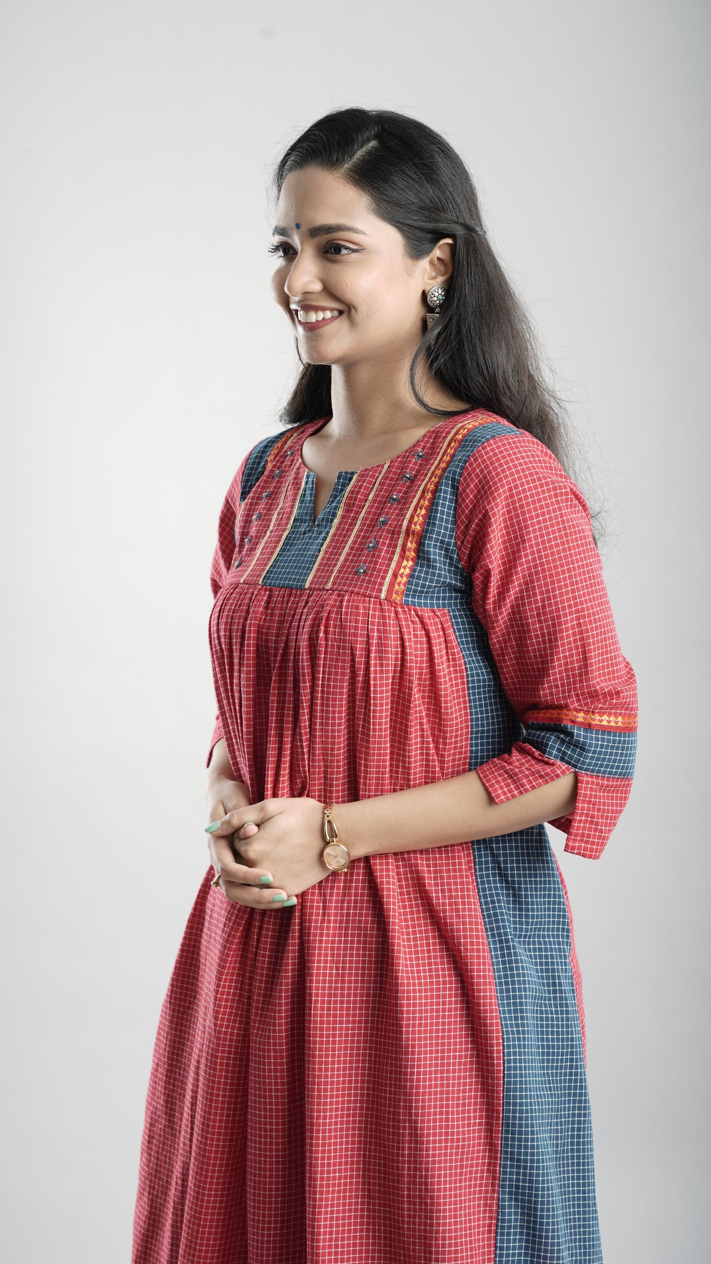 Cotton Gathered Kurta With Rust Red Pant Set