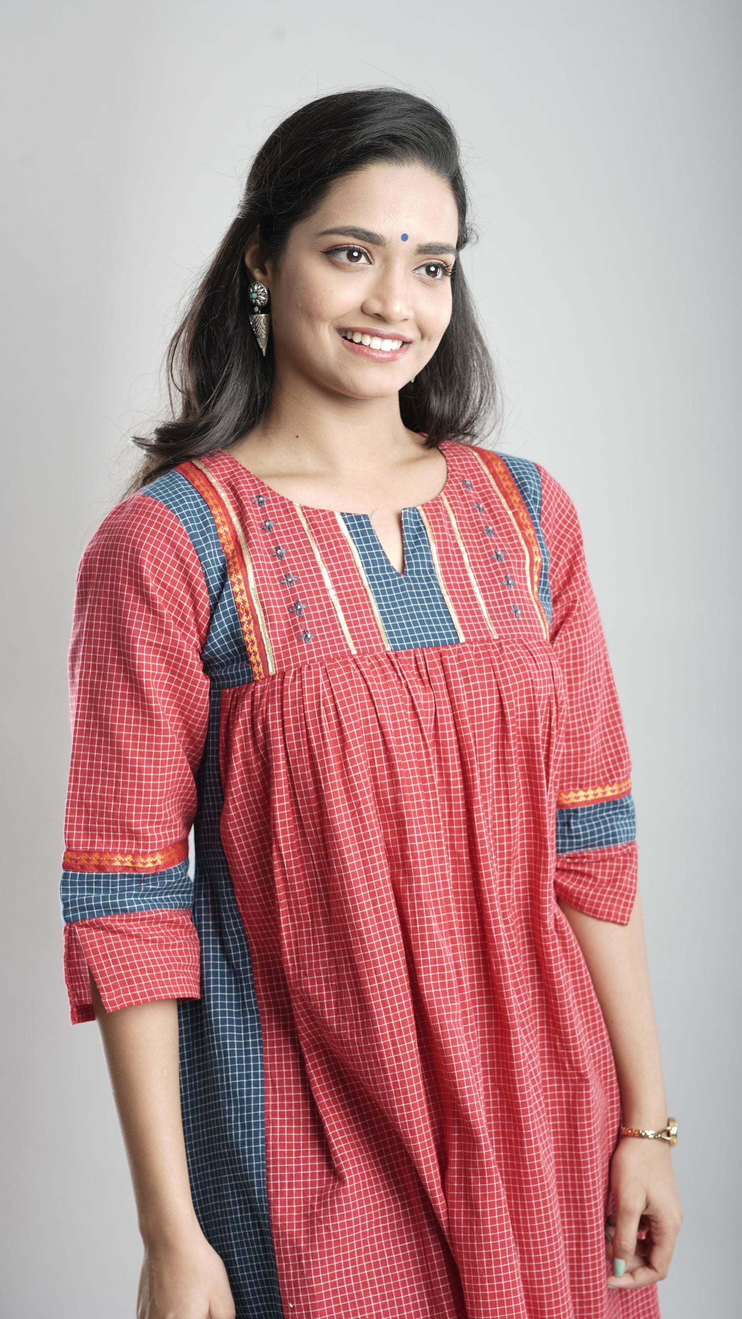 Cotton Gathered Kurta With Rust Red Pant Set