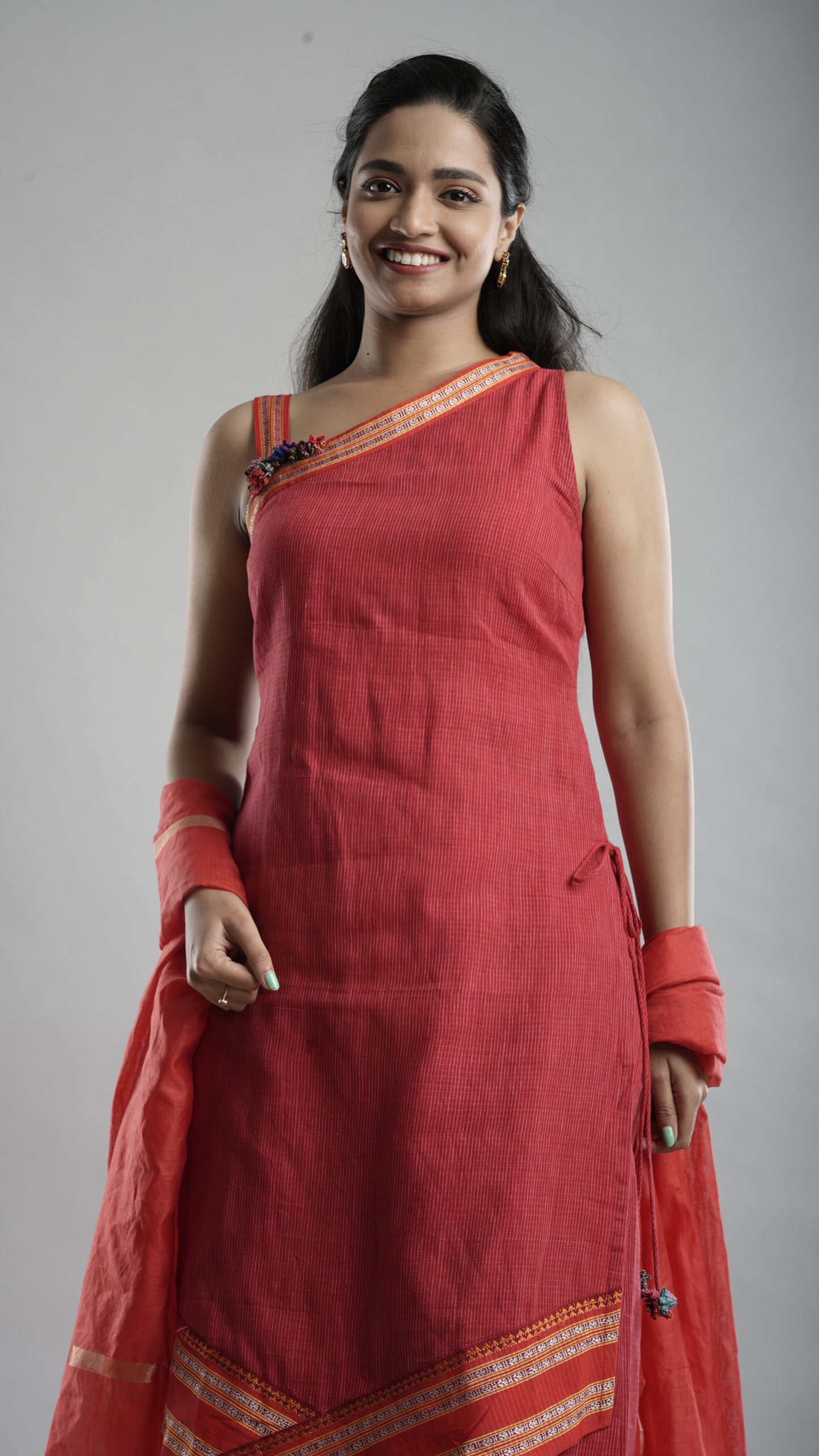 Red One-Shoulder Handloom Kurta Set