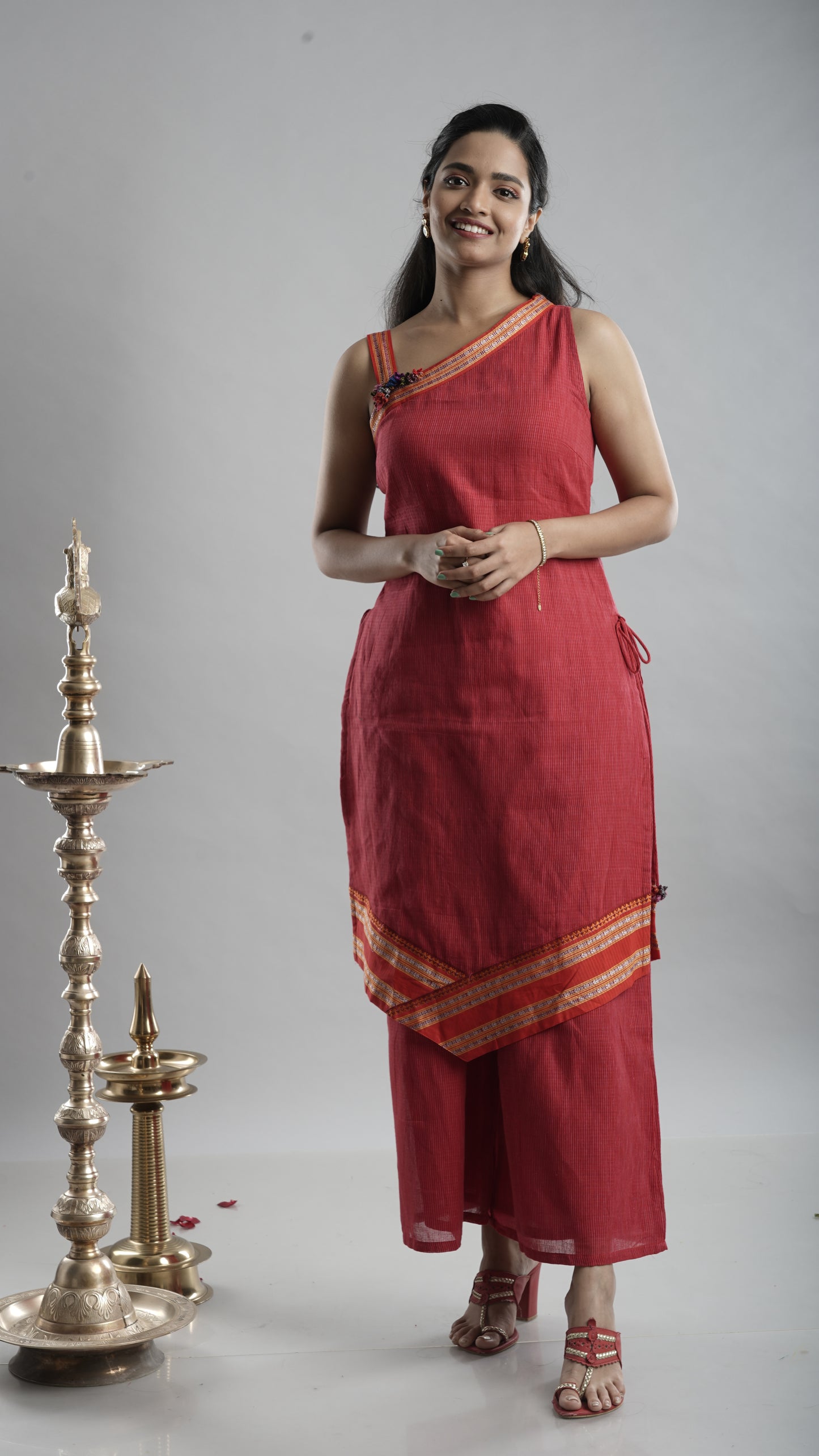 Red One-Shoulder Handloom Kurta Set