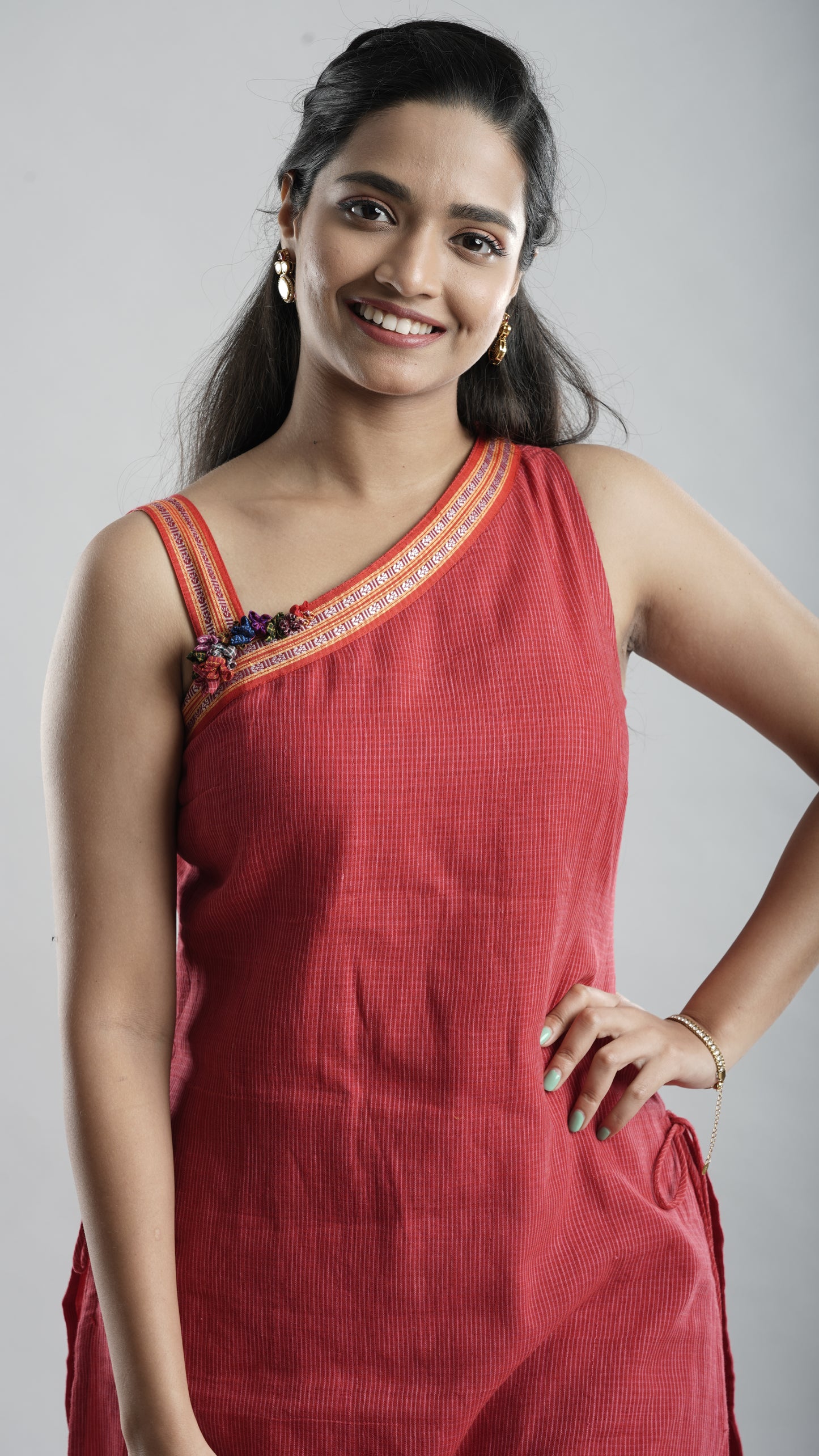 Red One-Shoulder Handloom Kurta Set
