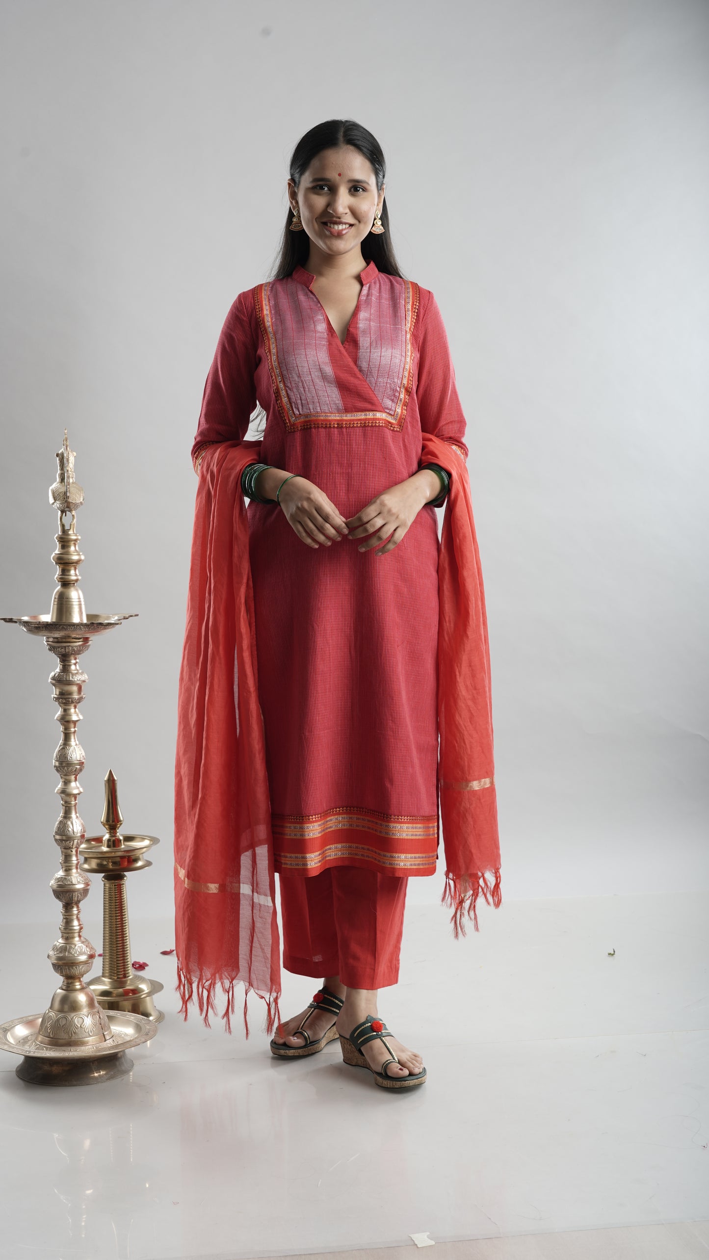 Classic Red Handloom Kurta Set with Dupatta