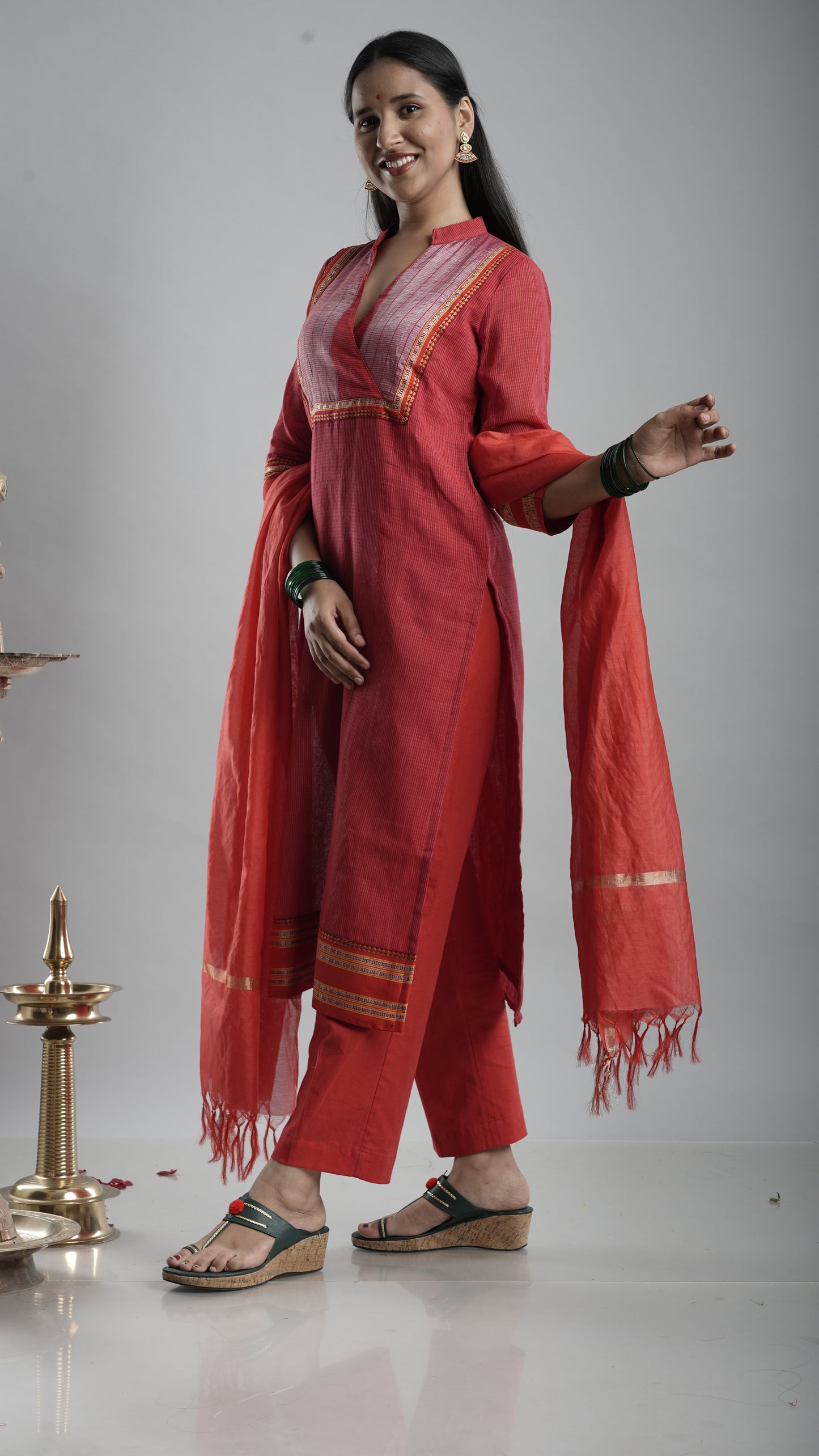 Classic Red Handloom Kurta Set with Dupatta