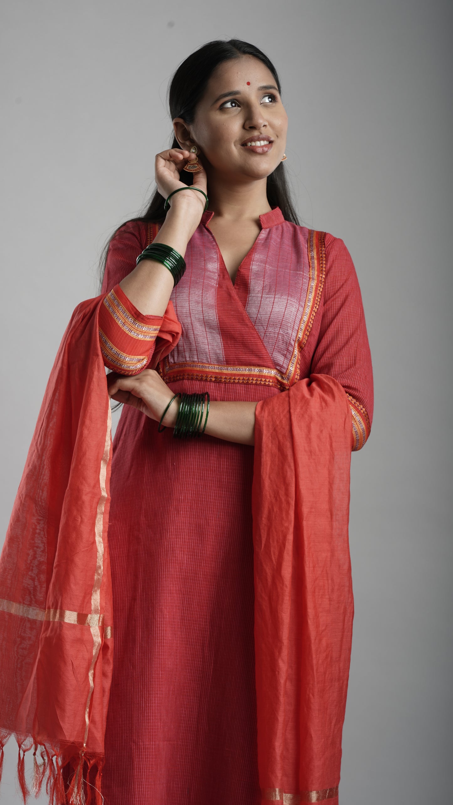 Classic Red Handloom Kurta Set with Dupatta