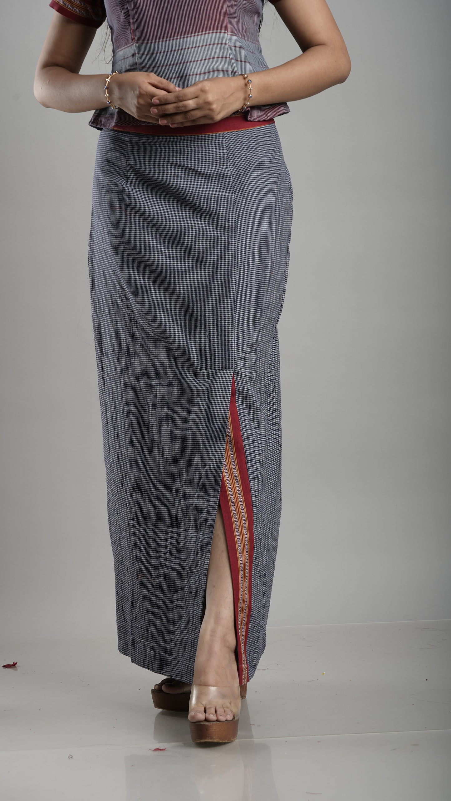 Handloom Co-Ord Set with Slit Skirt - Charcoal Blue