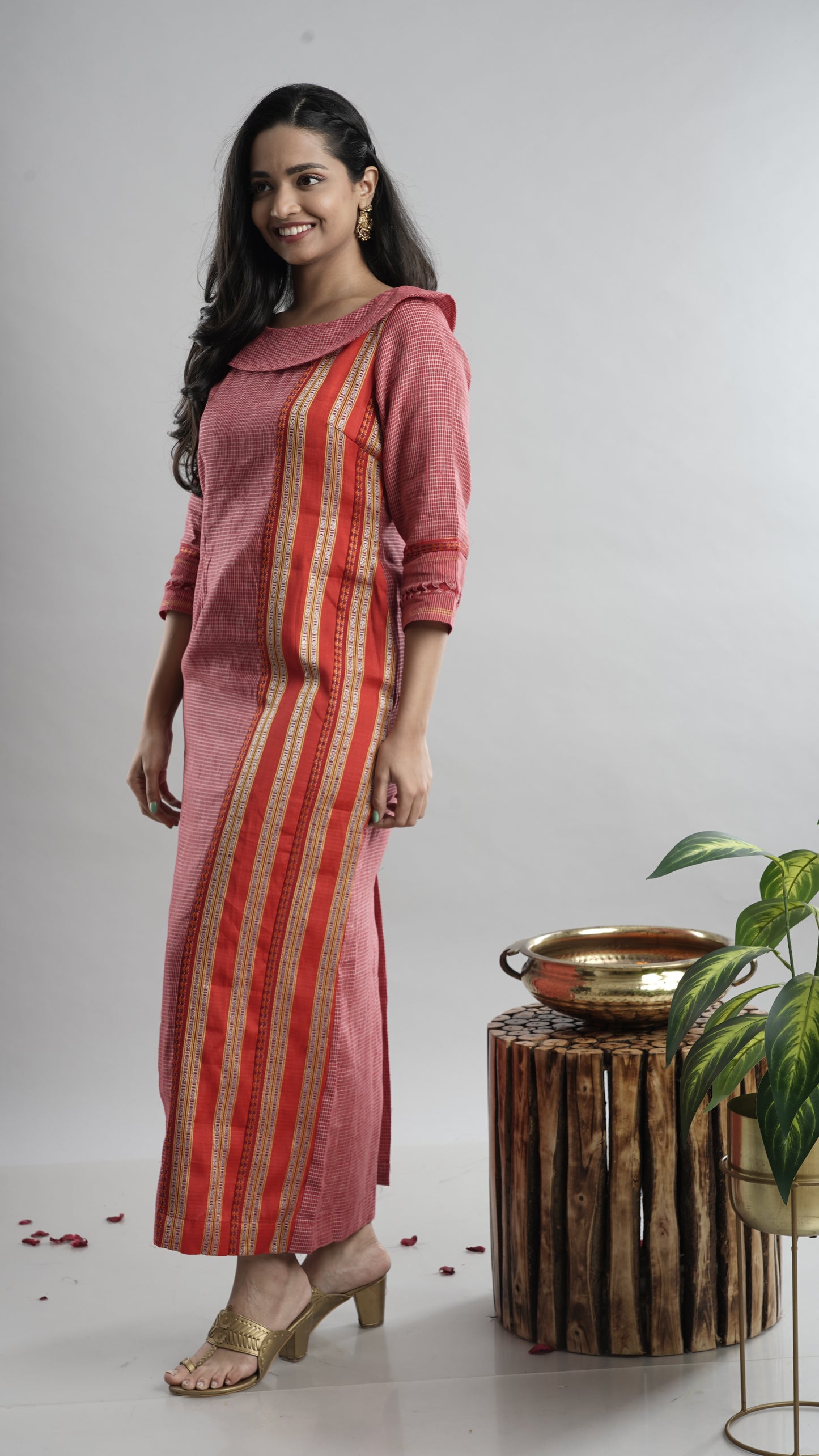 Wine Checked A-line Gown With Ethnic Border.