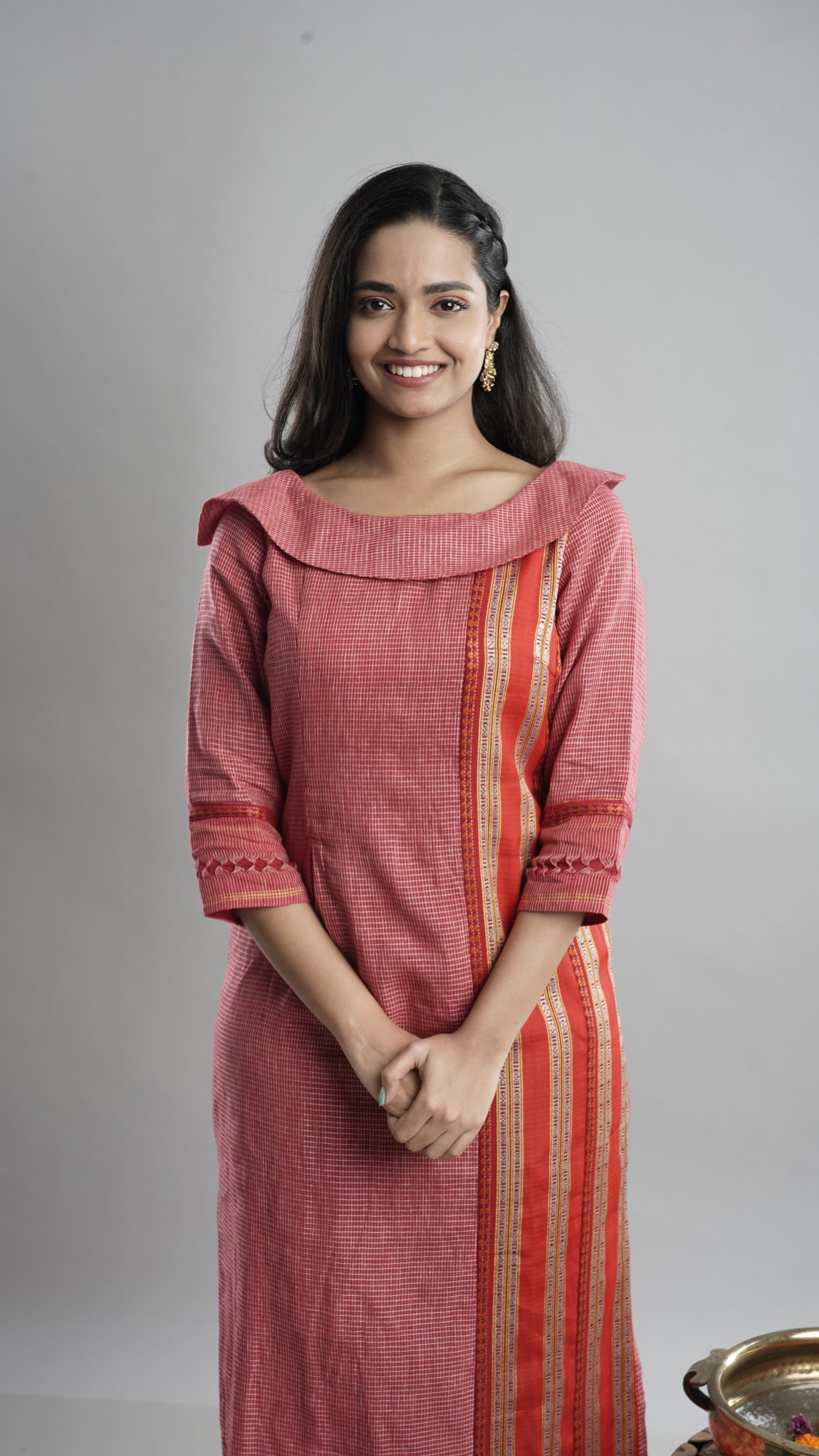 Wine Checked A-line Gown With Ethnic Border.