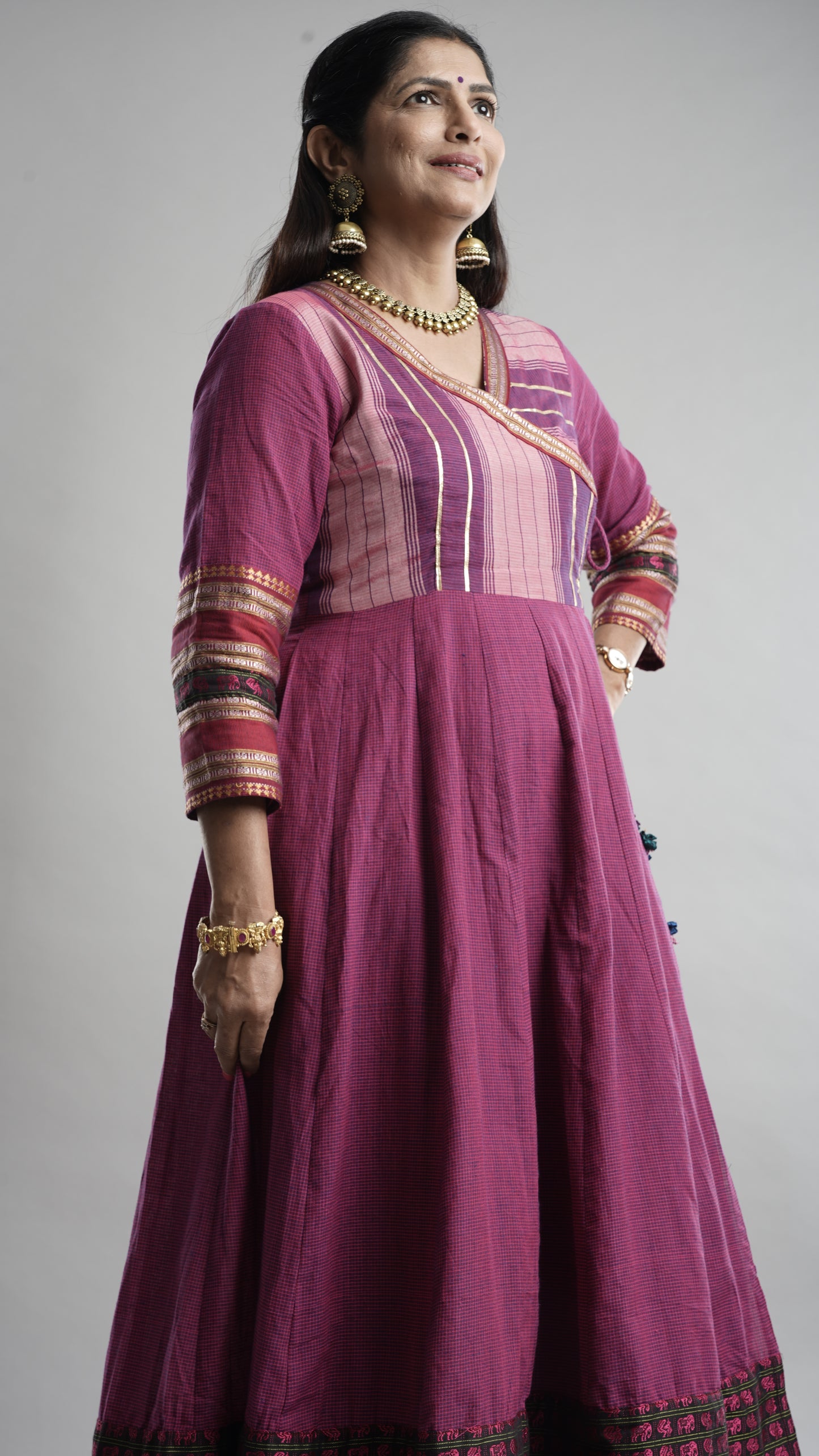 Magenta Handloom Angarkha Dress with Elephant Border