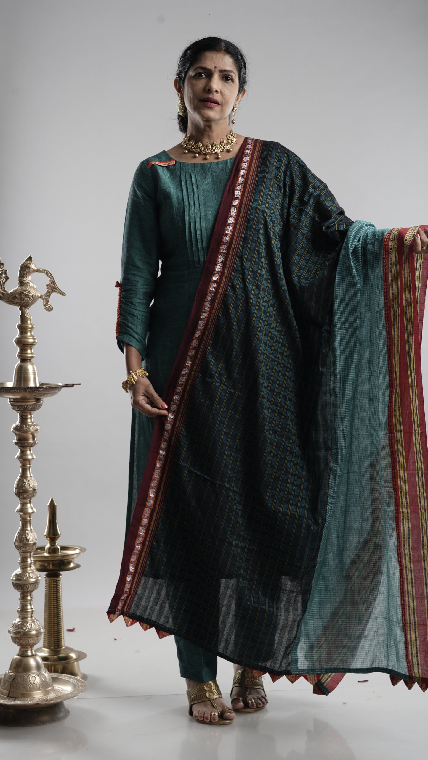Linen Kurta Pant Set with Dupatta - Blue