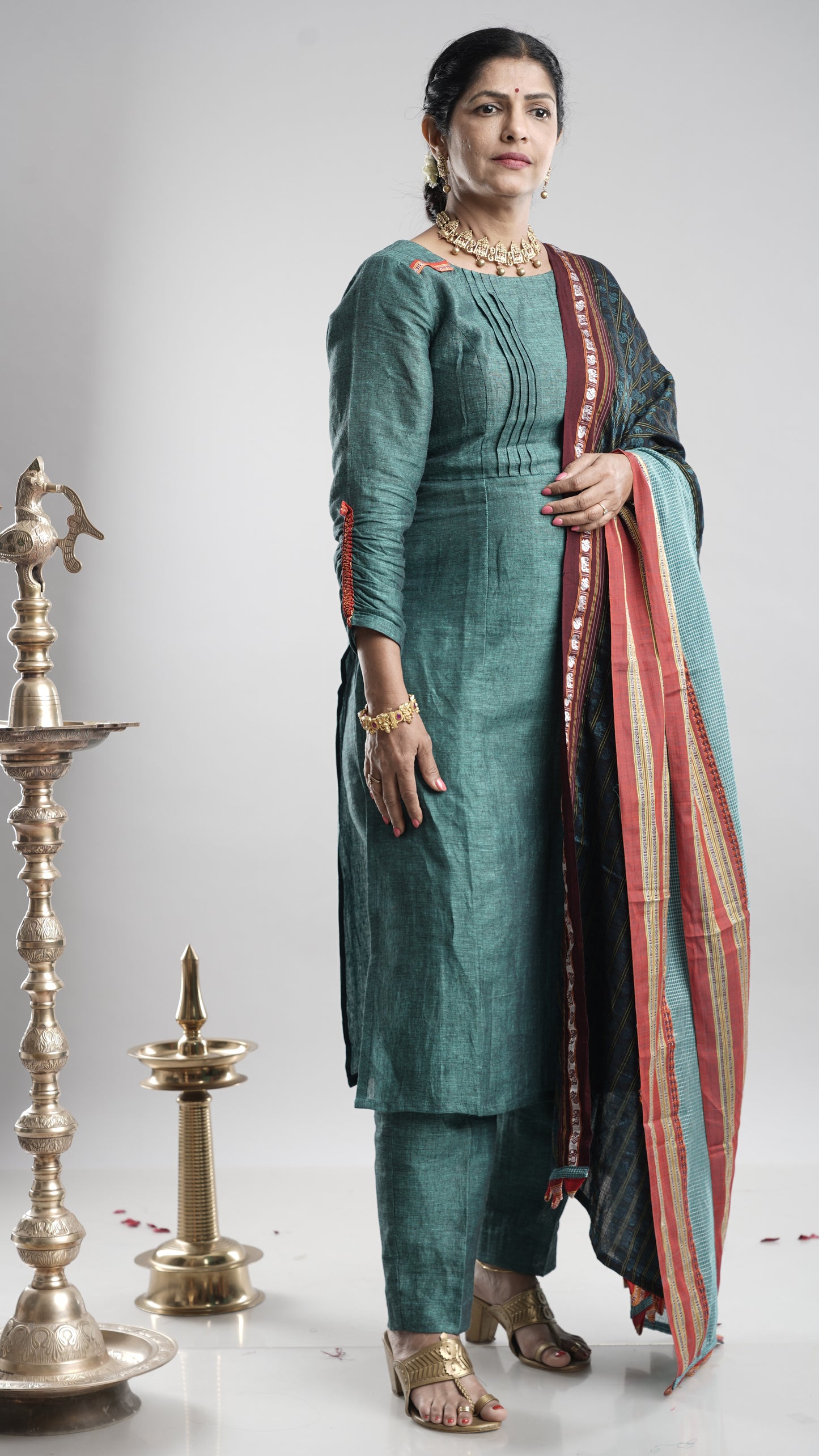 Linen Kurta Pant Set with Dupatta - Blue