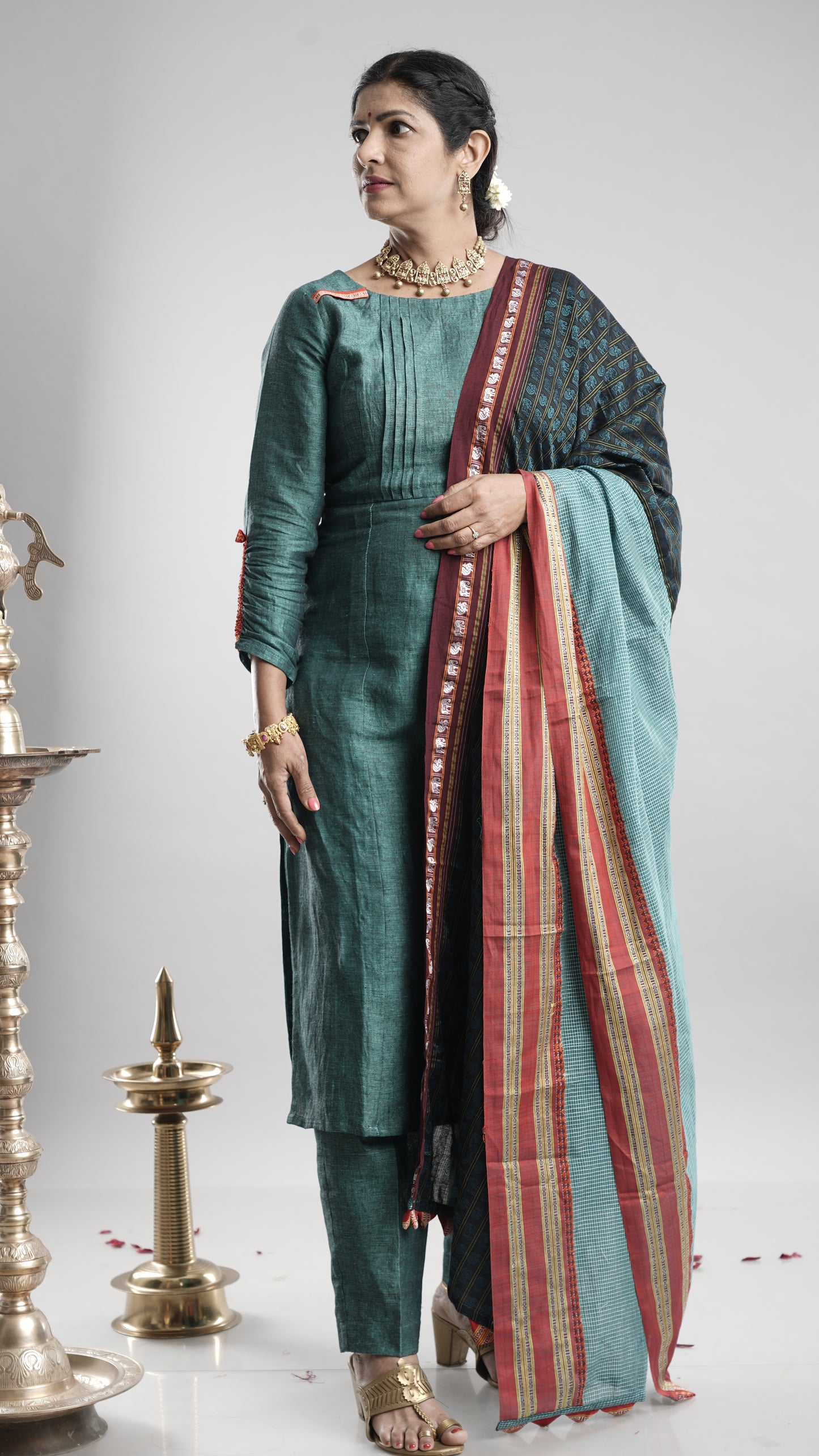 Linen Kurta Pant Set with Dupatta - Blue