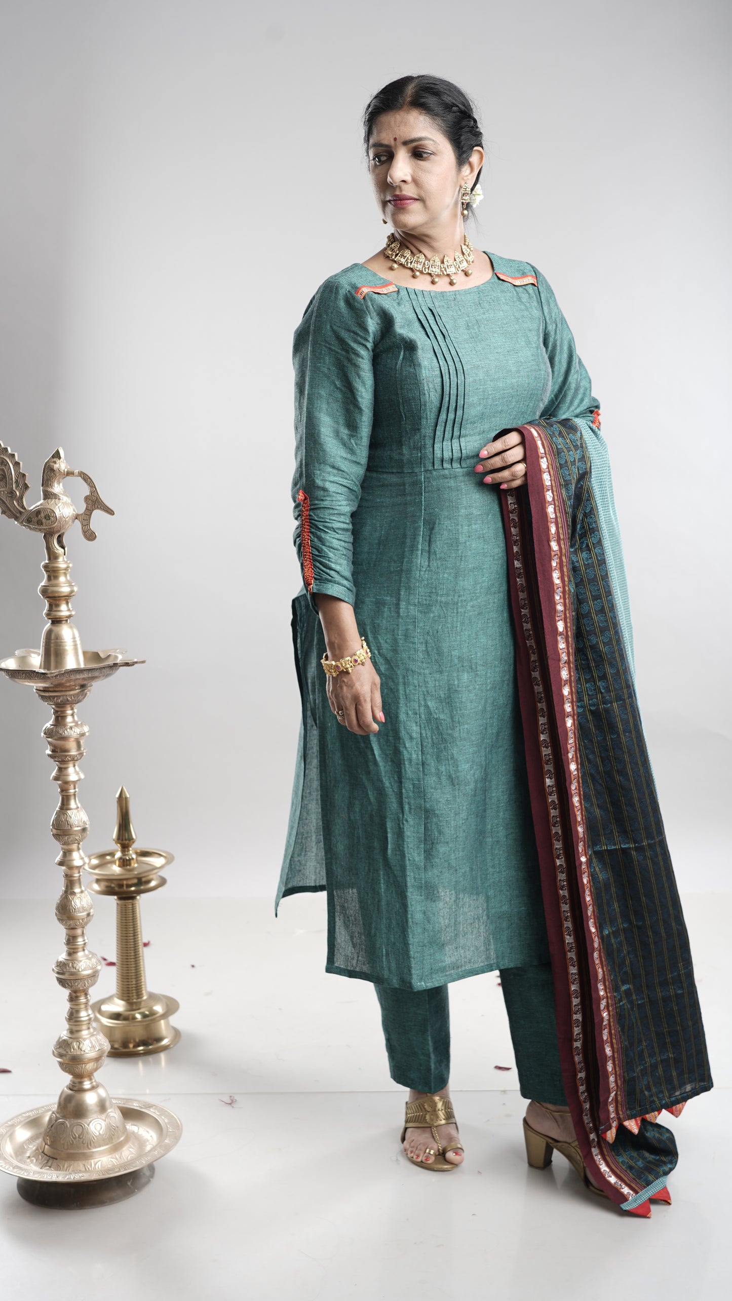 Linen Kurta Pant Set with Dupatta - Blue