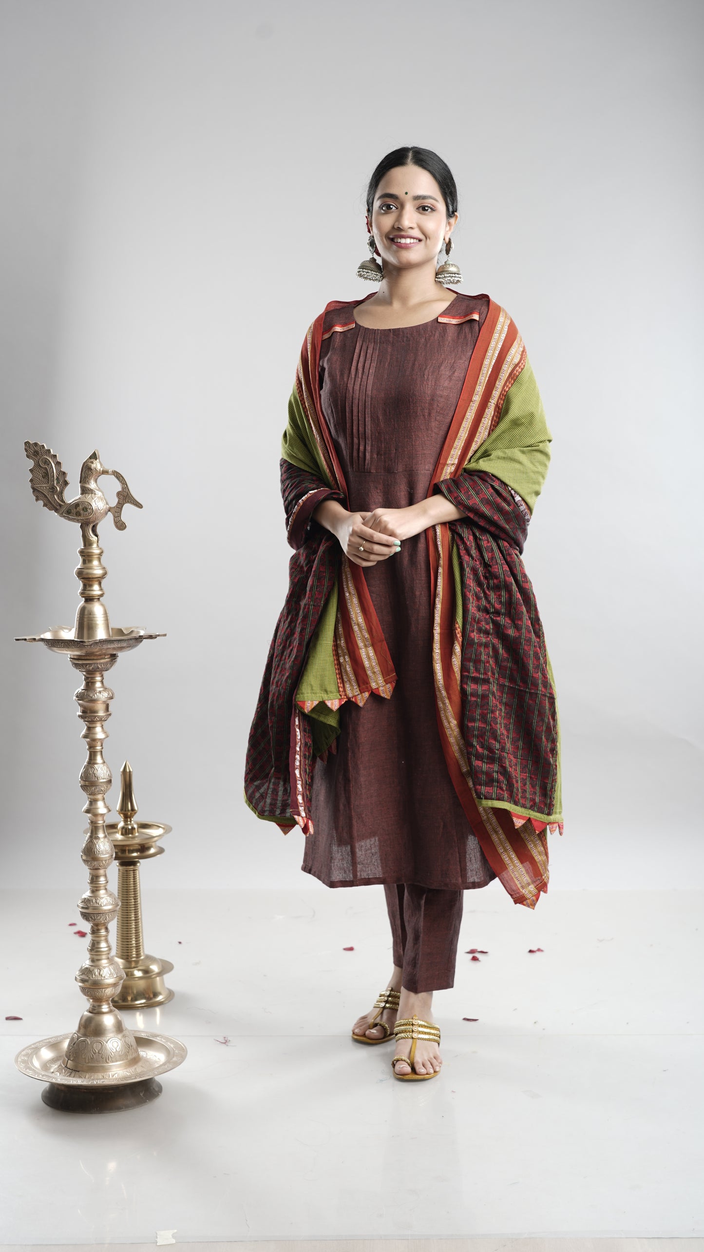 Linen Kurta Pant Dupatta Set-Brown