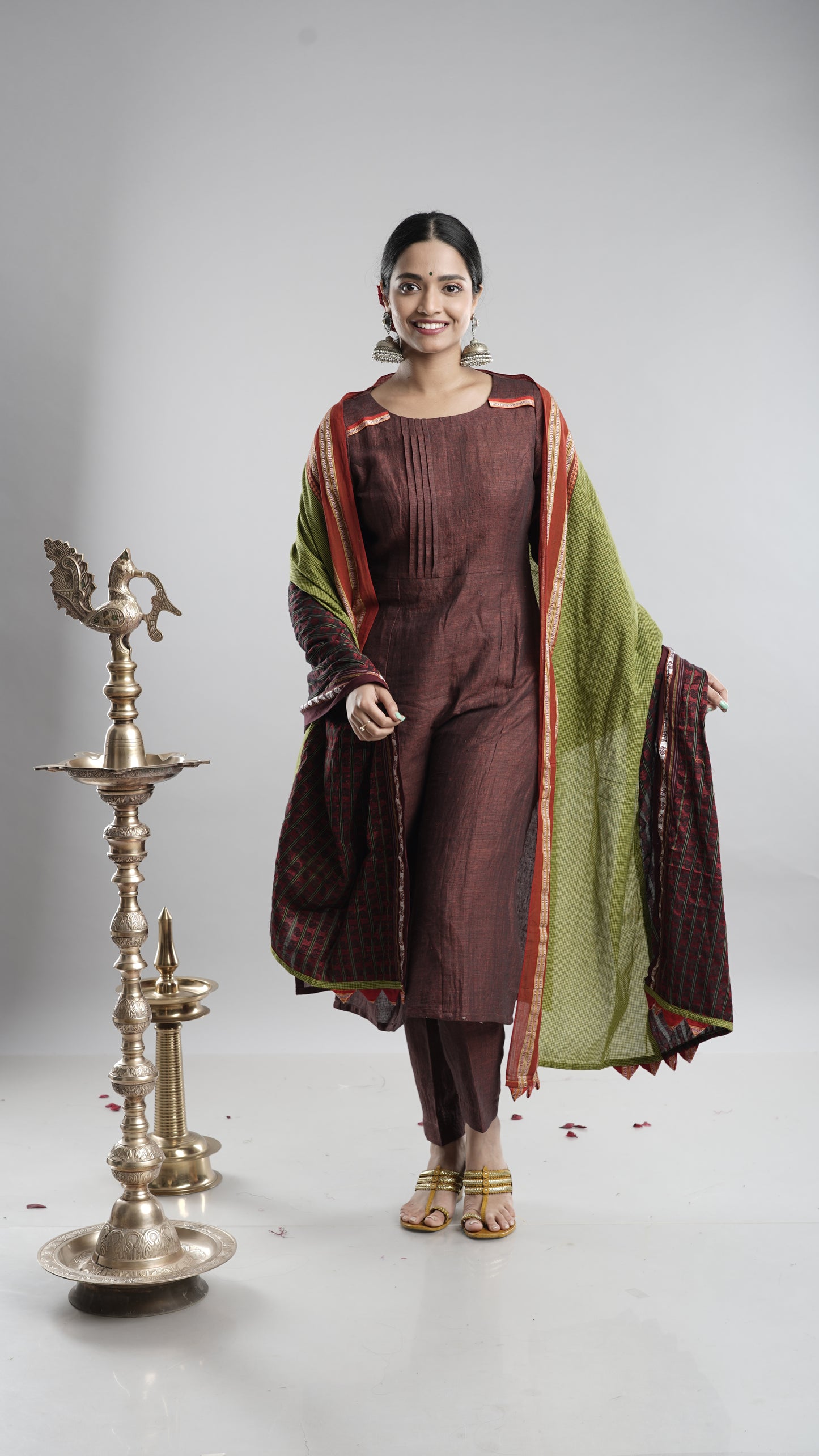 Linen Kurta Pant Dupatta Set-Brown