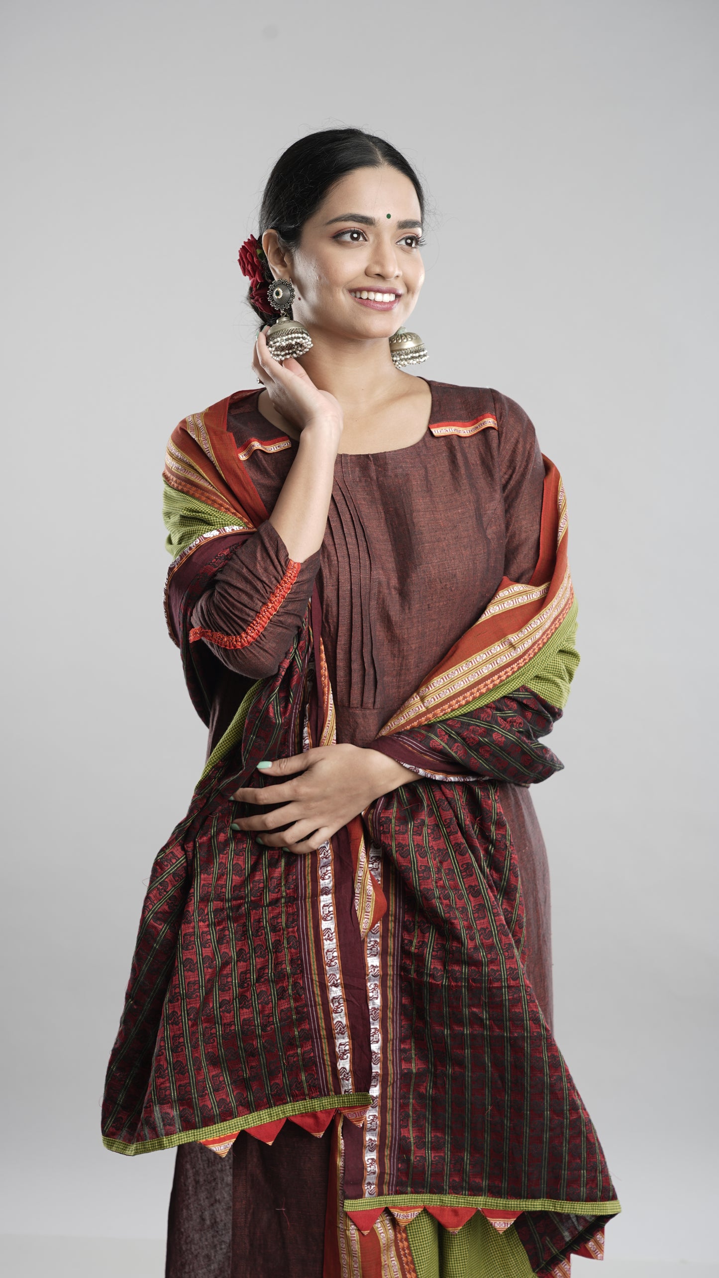 Linen Kurta Pant Dupatta Set-Brown
