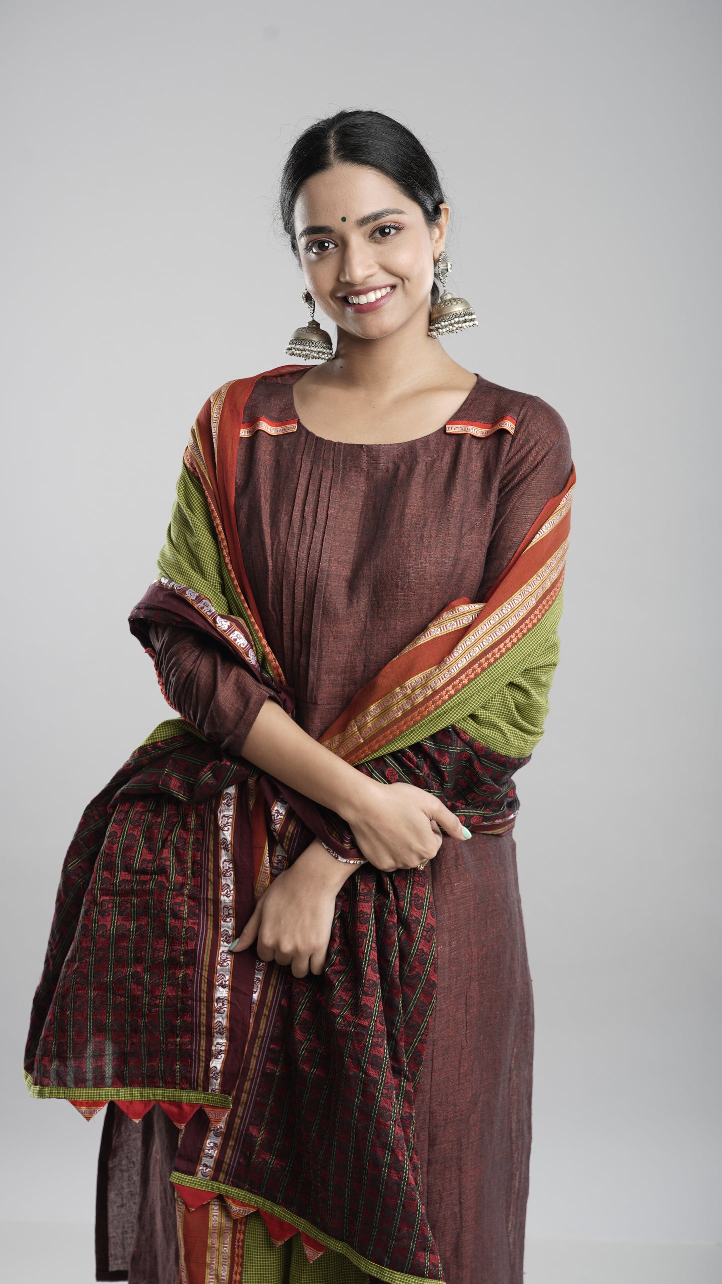Linen Kurta Pant Dupatta Set-Brown