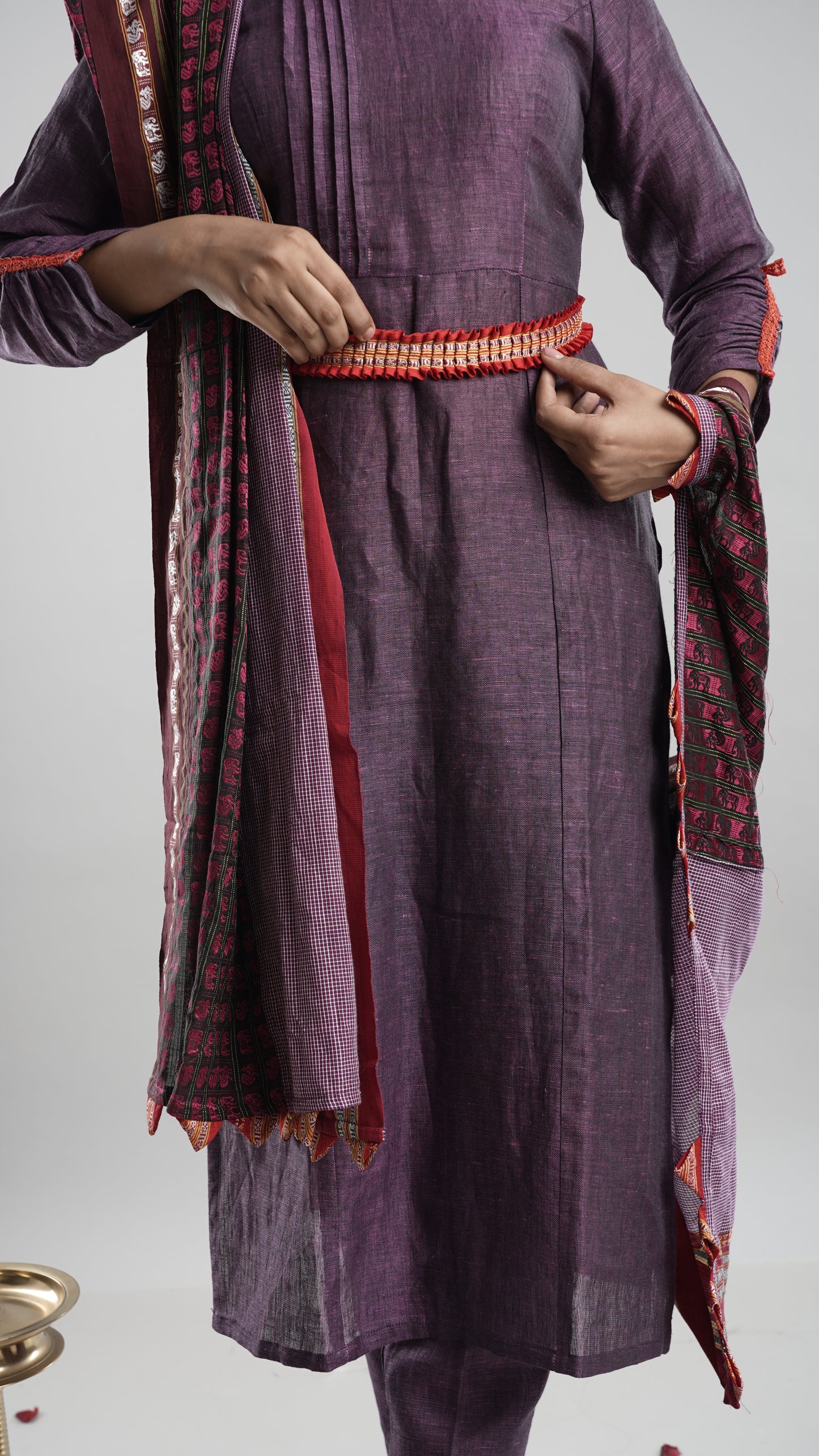 Linen Kurta Pant Dupatta Set- Purpule
