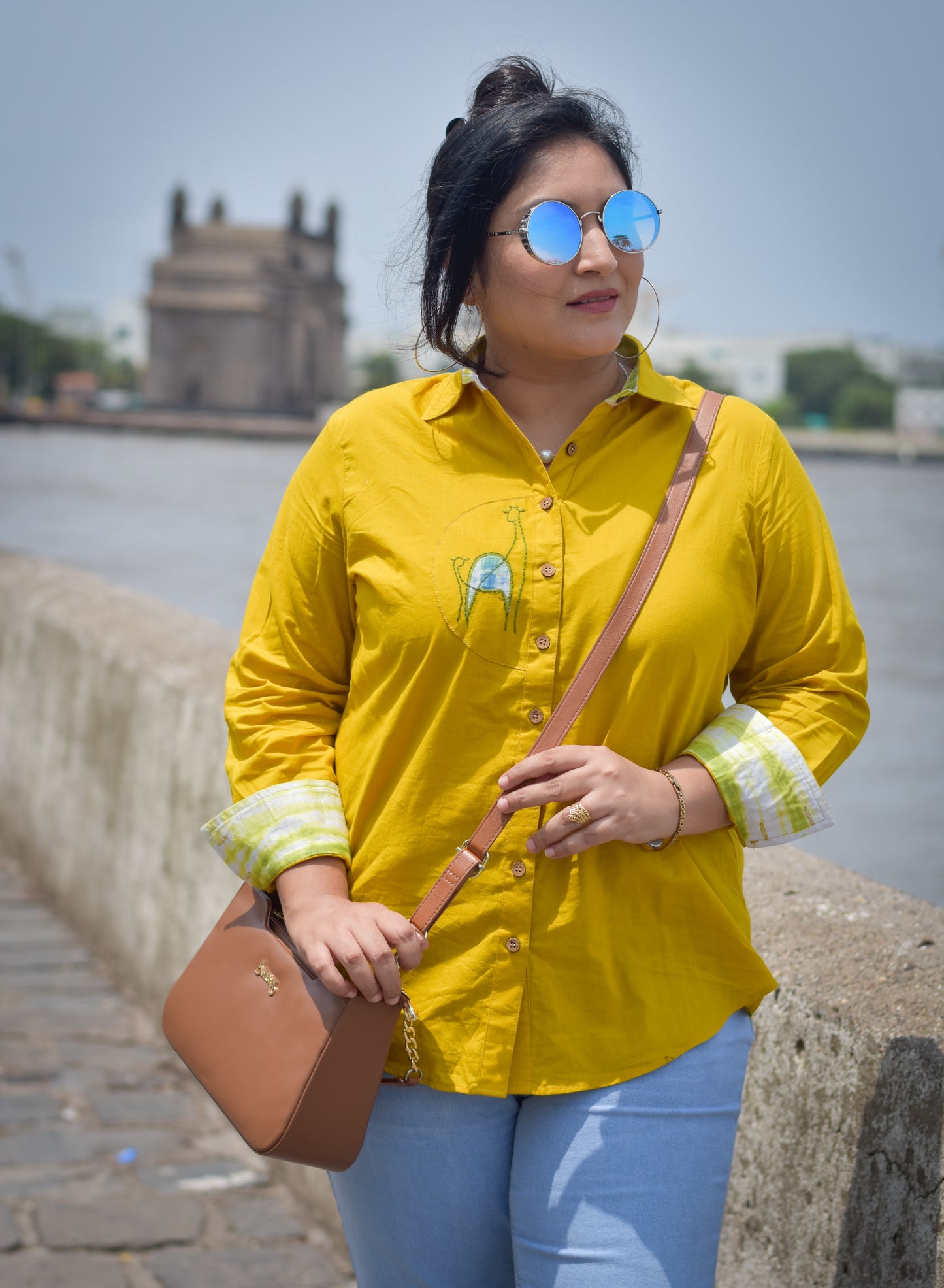 Giraffe Patch Work Embroidered Shirt - Yellow