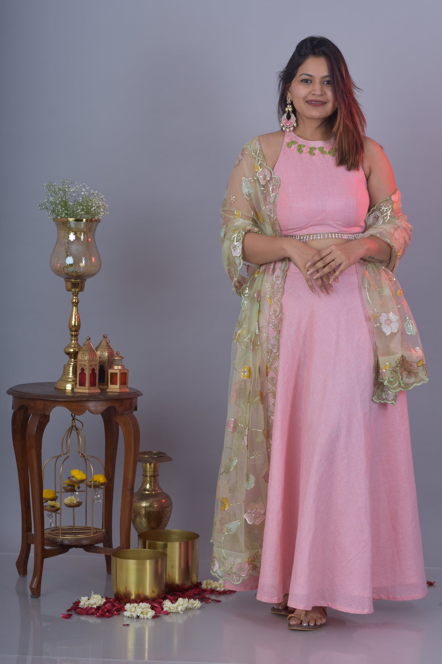 Lehenga And Halter Neck Top- Pink