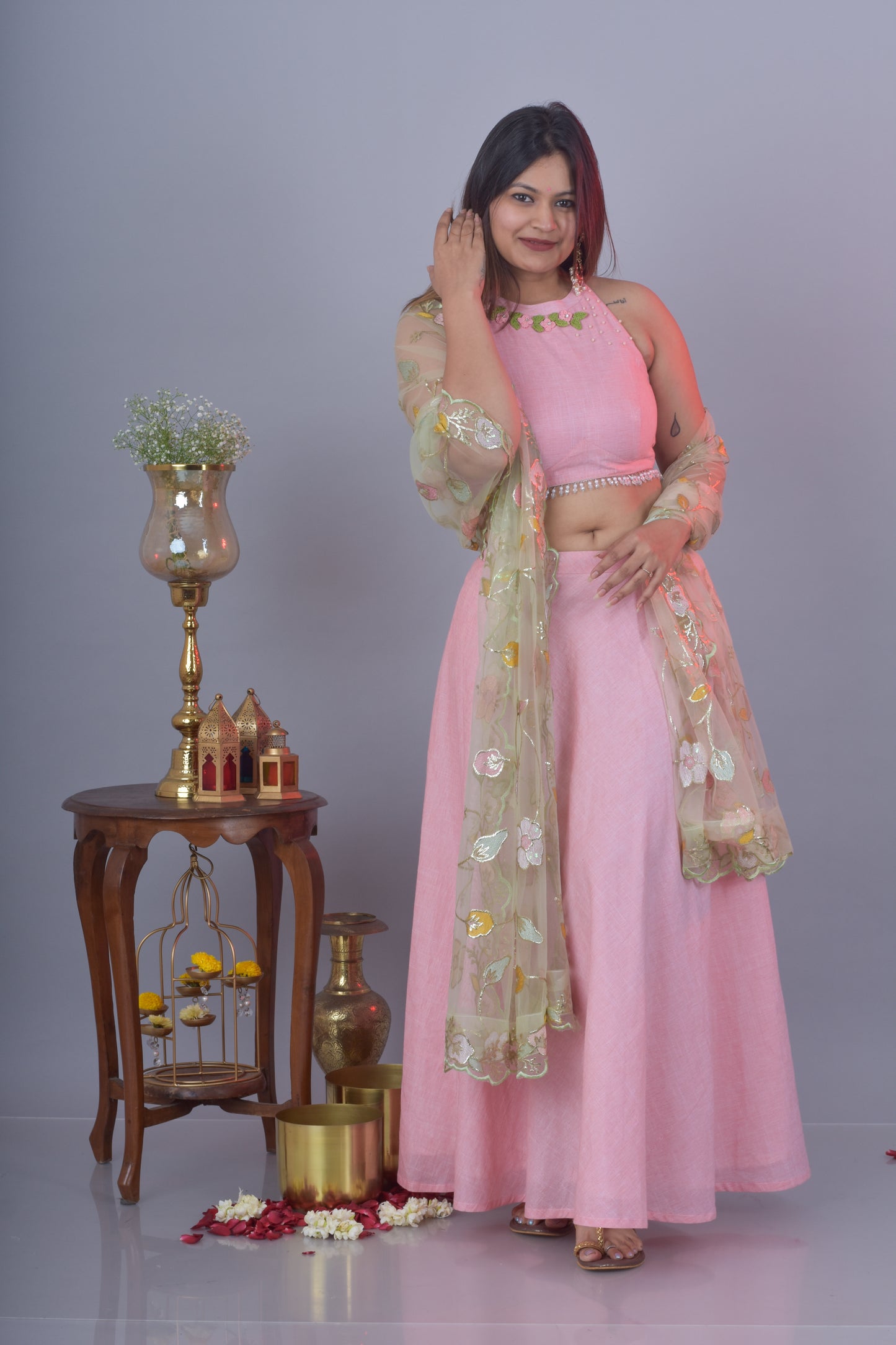Lehenga And Halter Neck Top- Pink