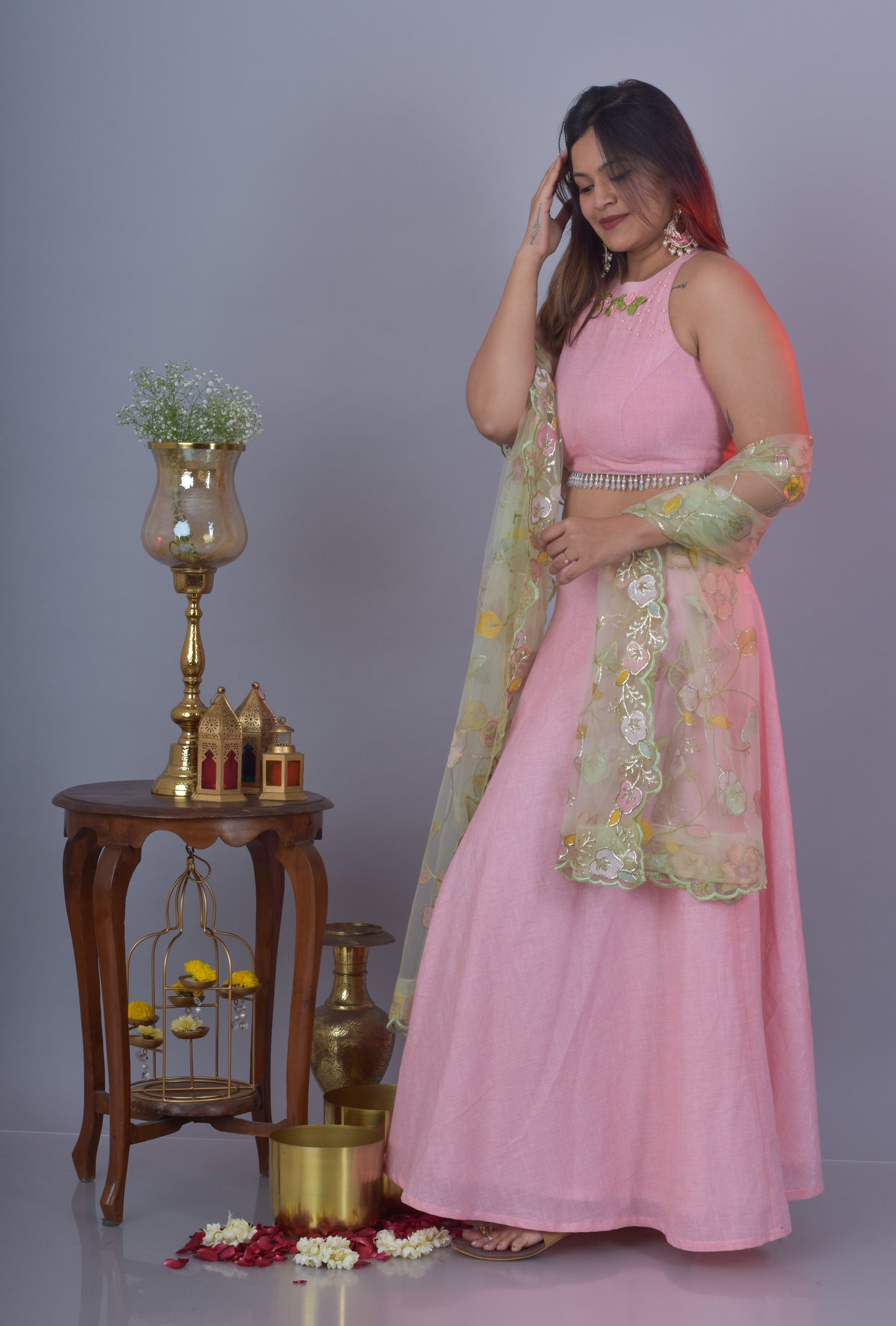 Lehenga And Halter Neck Top- Pink