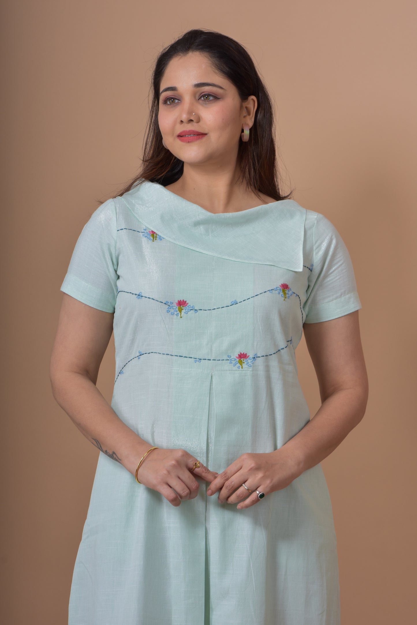 Flap Neck Box Pleated Dress
