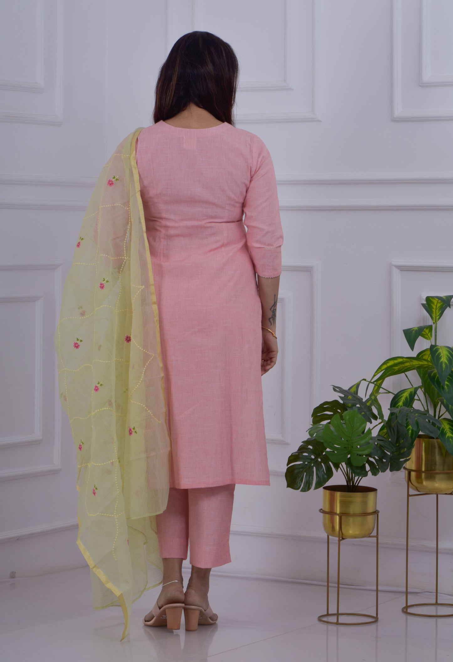 Golden Leaves embroidered kurta pant dupatta set