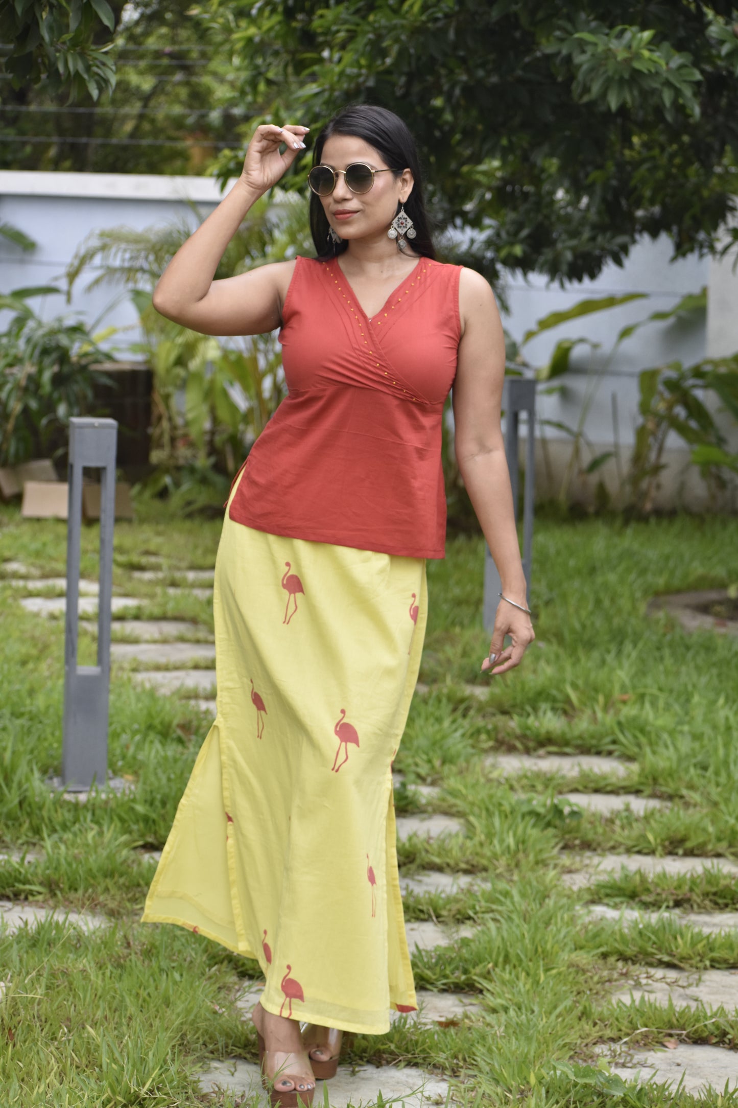 Rust Cotton Top with Yellow Flamingo Mul Skirt Set