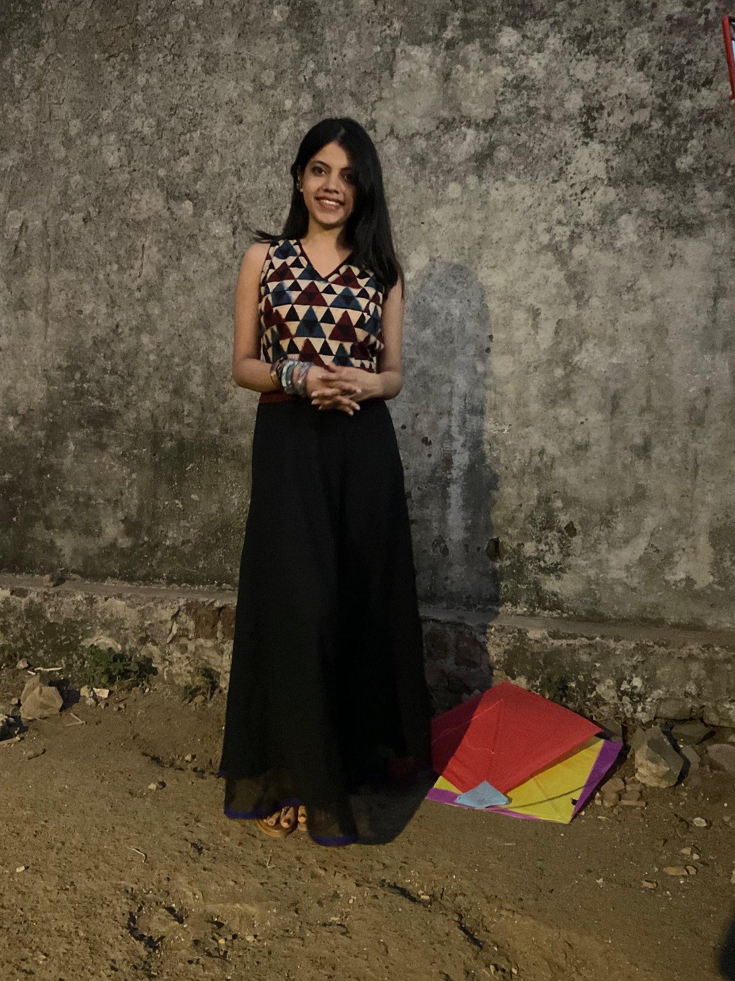 Black long Mul Gown with Ajrakh Yoke