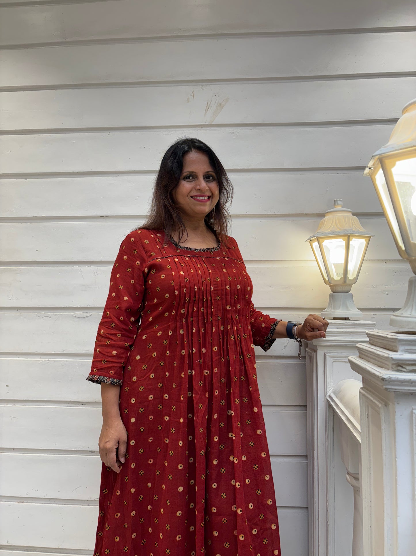 Ajrakh mulmul pintex dress- Rust red