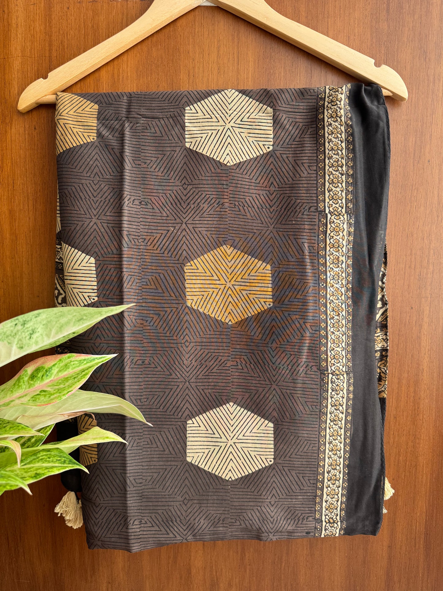 Brownish offwhite Ajrakh Chanderi Stole