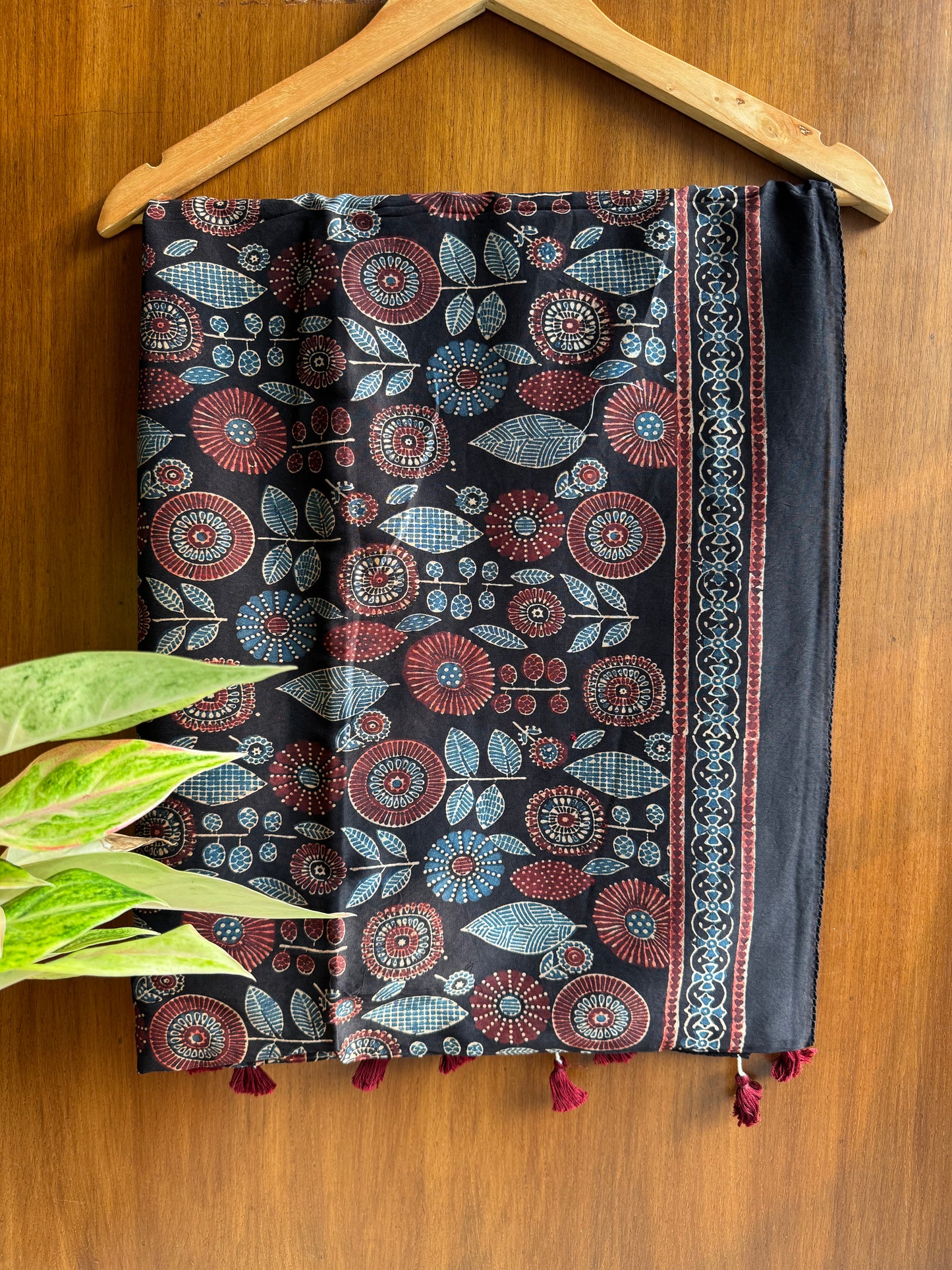 Black Ajrakh Floral Chanderi Stole