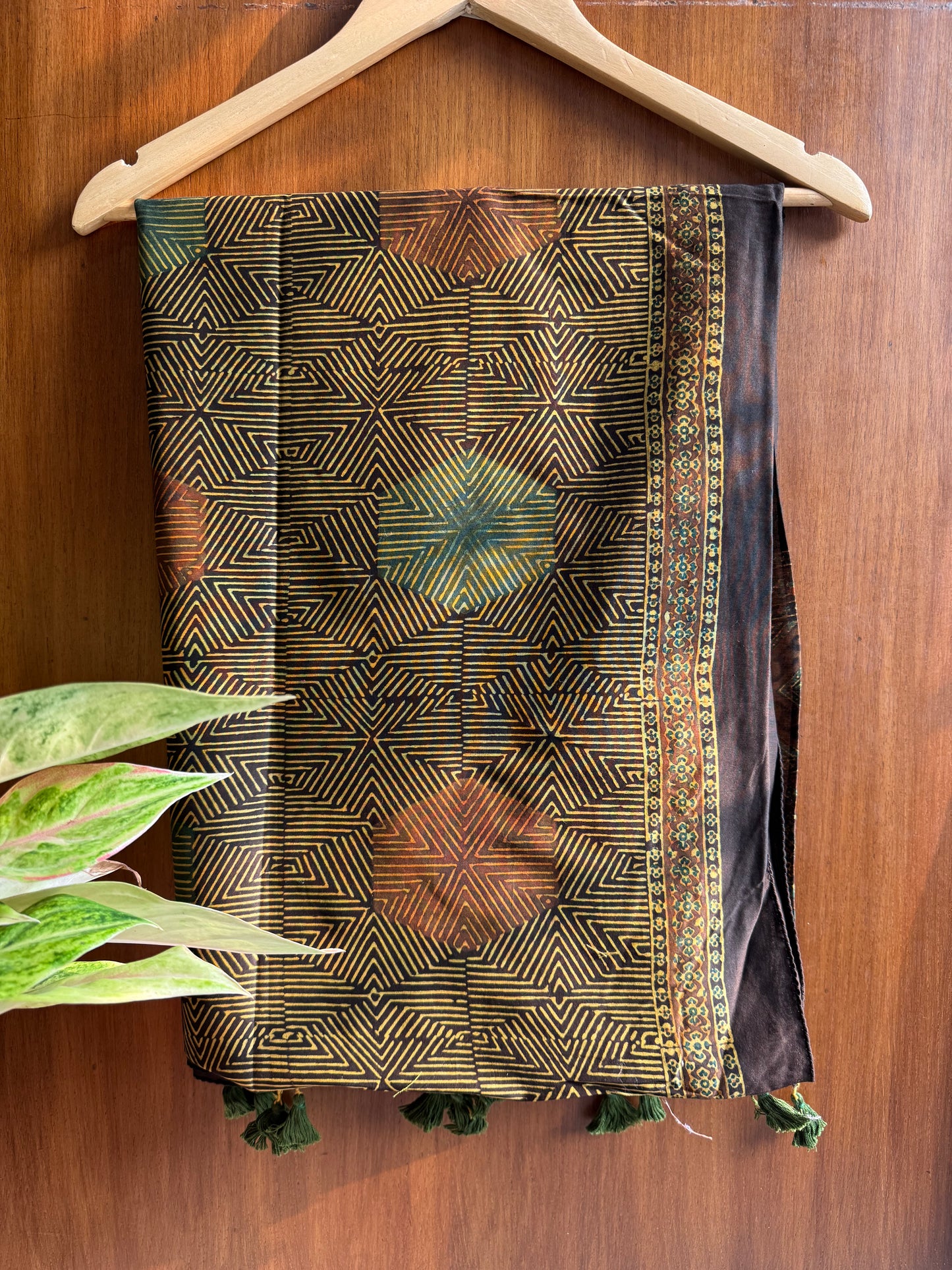 Yellowish Ajrakh Chanderi Stole